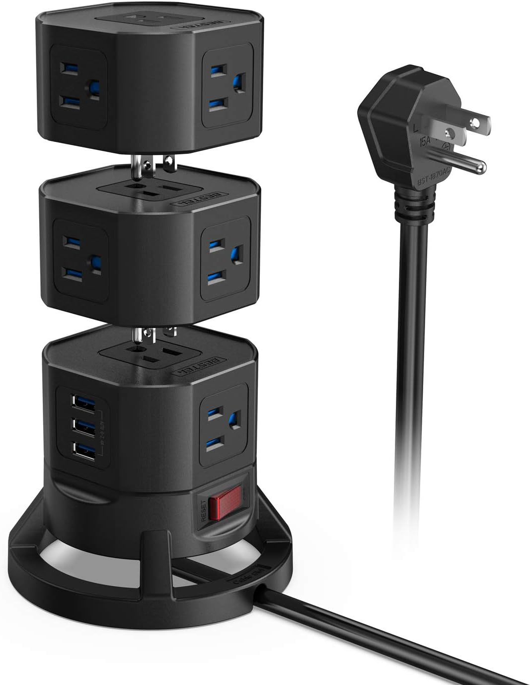BESTEK 12 Outlets Power Strip Tower with 3 USB Ports Stackable Design Extend to 14 AC Outlets for PC Laptop Mobiles,6 Feet Extension Cord,Black
