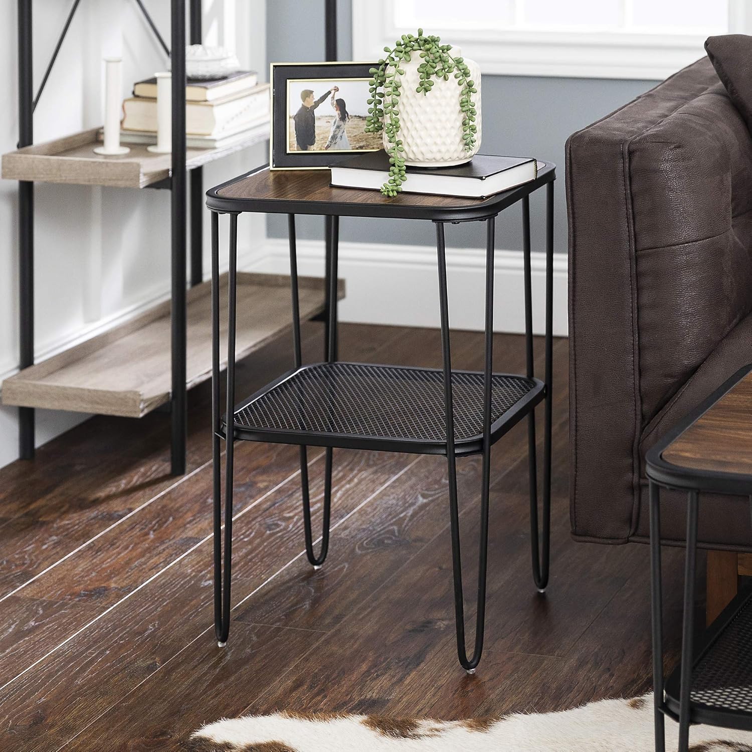 Walker Edison Mid Century Hairpin Metal Frame Square Modern Side Accent Table Living Room Storage Small End Table, 16 Inch, Dark Walnut
