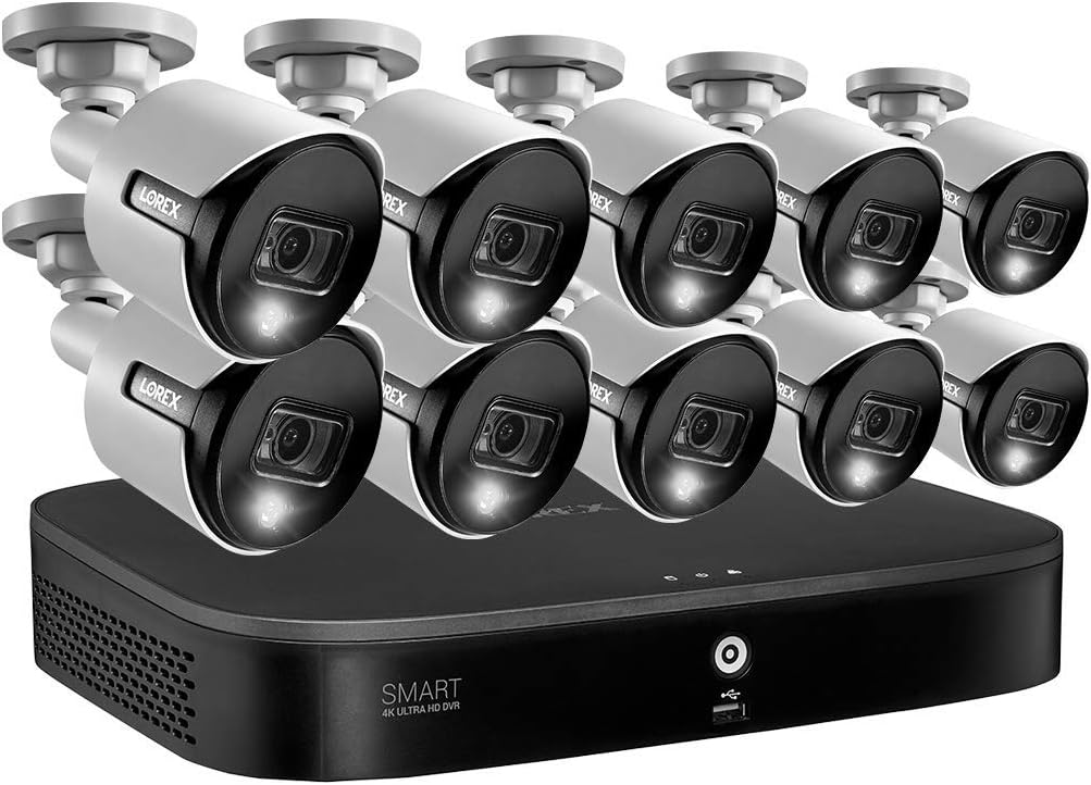 Lorex 4K Ultra HD Security System with 2TB 16-Channel DVR and Ten 4K (8MP) Active Deterrence Cameras Featuring Smart Motion Detection and Smart Home Voice Control