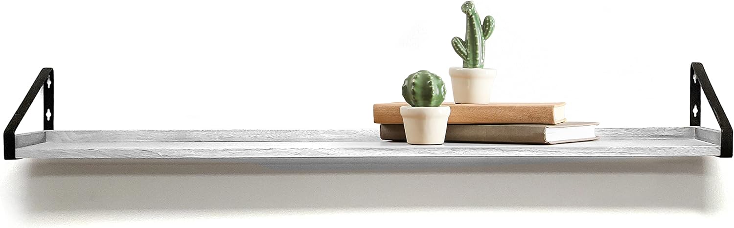 InPlace Shelving, 9602100E, Wall Mounted Real Wood Rustic Bracket Ledge, 48 Inch x 5 Inch x 6.1 Inch, Distressed White