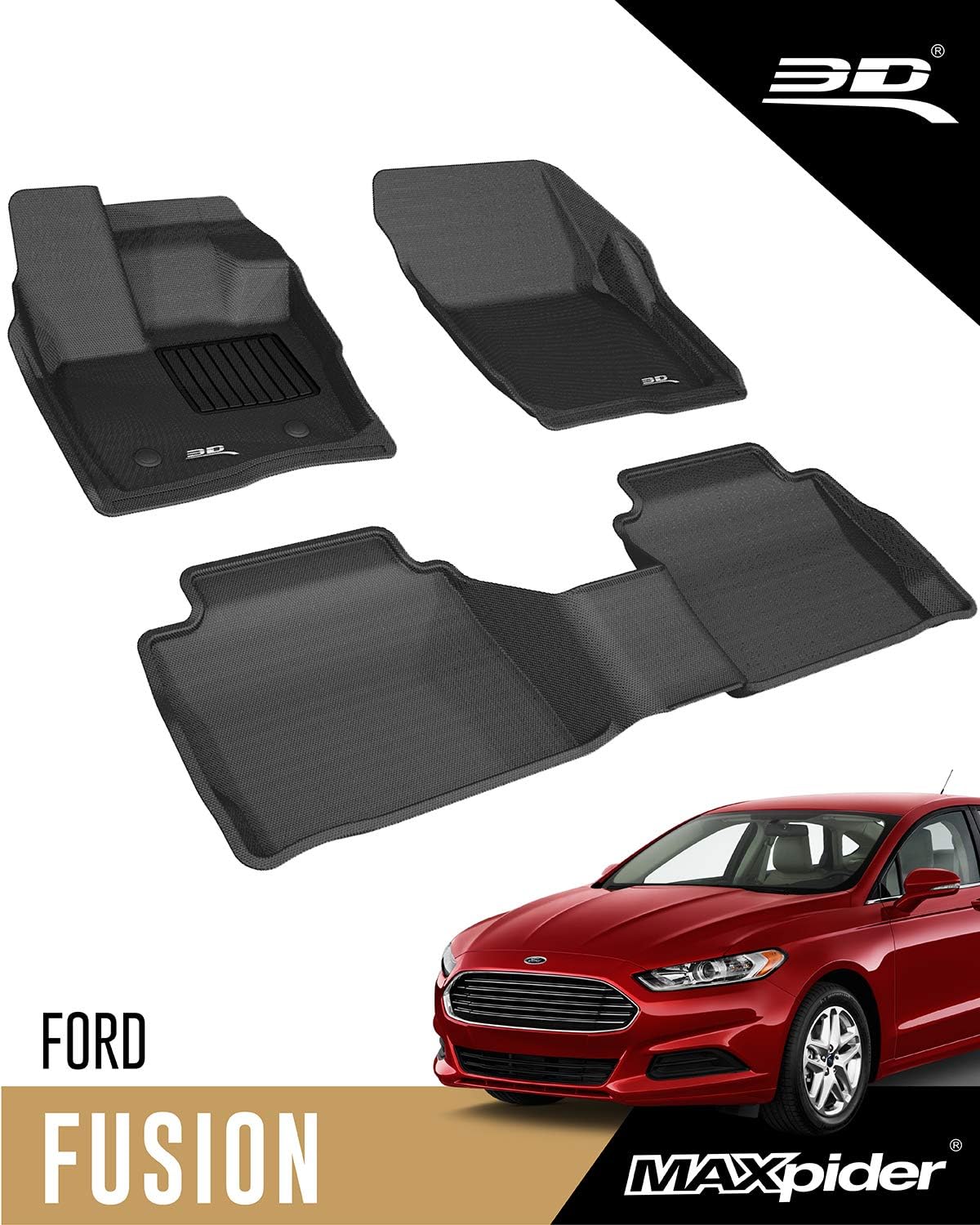 3D MAXpider Complete Set Custom Fit All-Weather Floor Mat for Select Ford Fusion Models - Kagu Rubber (Black)