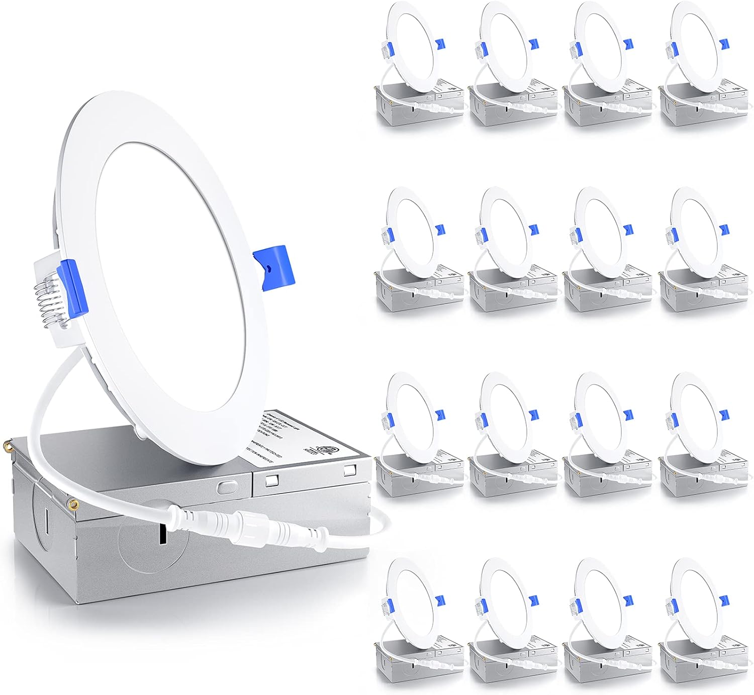 Ensenior 16 Pack 4 Inch Ultra-Thin LED Recessed Light with Junction Box, 2700K/3000K/3500K/4000K/5000K Selectable, 9W 75W Eqv, Dimmable Downlight, 750LM High Brightness - ETL and Energy Star Certified
