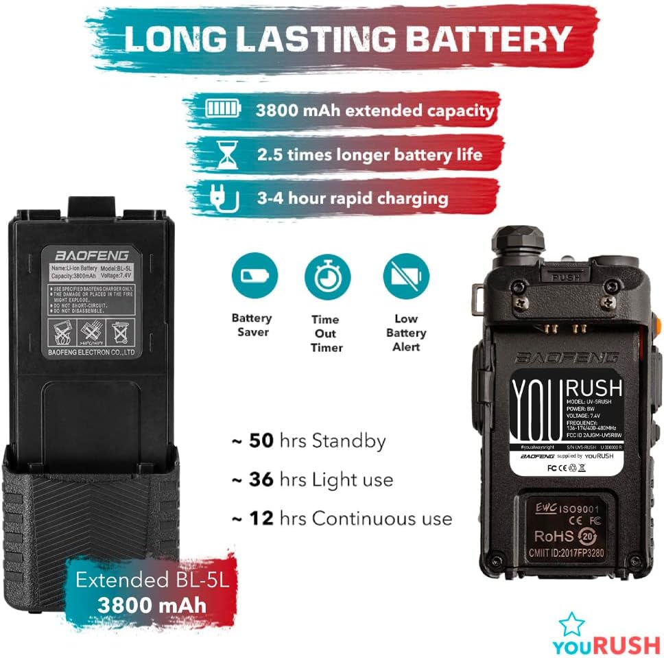 youRUSH Portable Ham Radio - 2 Pack - BAOFENG UV5R 8W Dual Band Two Way Radio with Extended Battery BL-5L 3800 mAh and Lanyard - Plus USB Programming Cable - Chirp Support - Built-in VOX Function Pack of 2