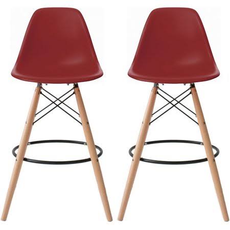 2xhome - Set of 2 Modern 28 inch Seat Height Plastic Bar Stool Counter Stools with Back Eiffel Chairs Natural Wood Legs Red, Siz