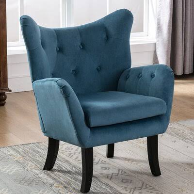 Velvet Wingback Accent Chair Armchair Modern Tufted Button Vanity Chair with Wooden Legs for Living Room Bedroom,Teal Blue Rosdo