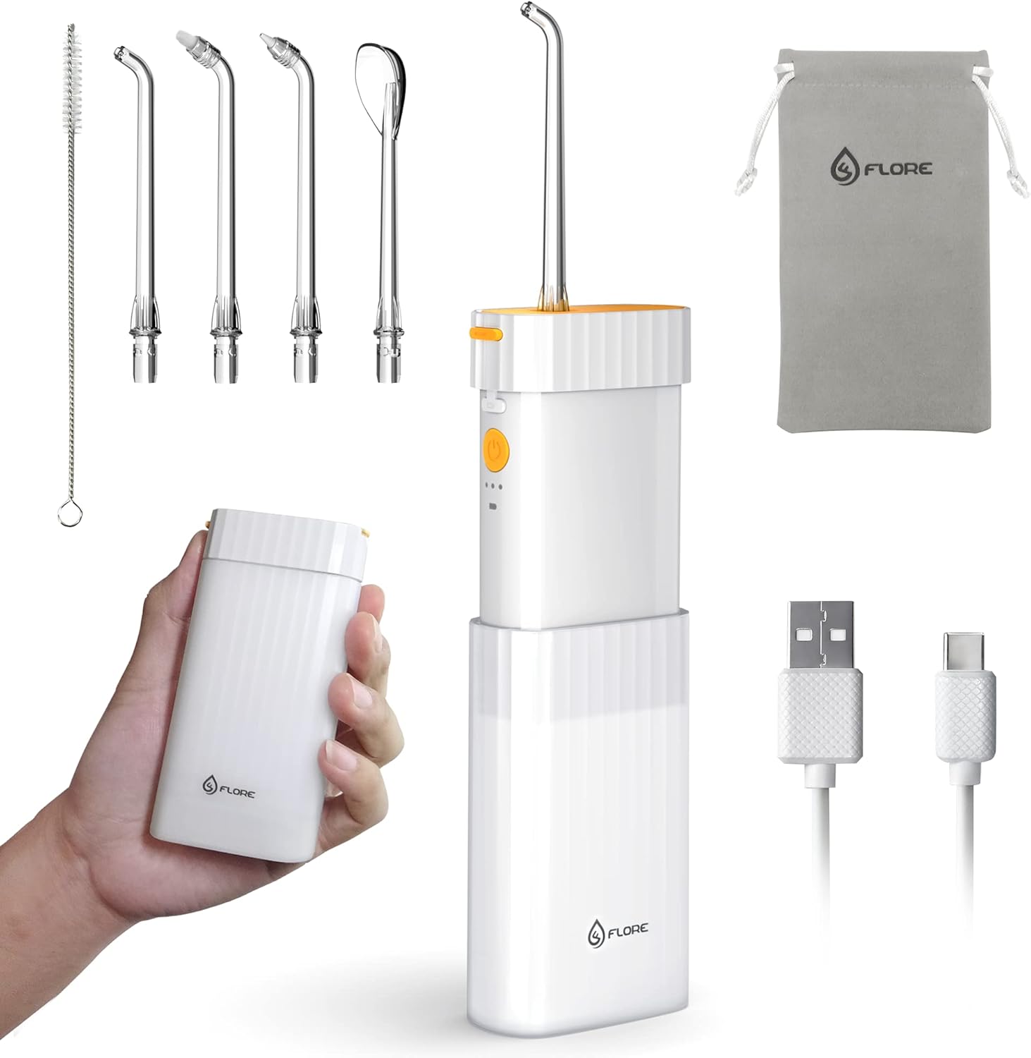 Cordless Water Flosser for Teeth Portable, Rechargeable Teeth Cleaner for Braces, Mini Oral Irrigator for Home & Travel, Telescopic Water Tank with 3 Modes, 4 Jet Tips, Pouch, Brush, IPX7 Waterproof