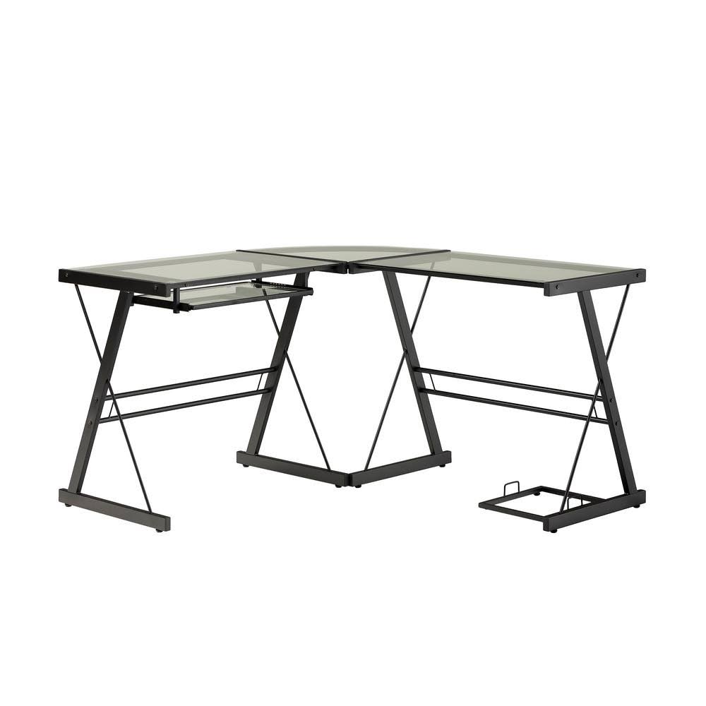 Welwick Designs 102 in. U-Shaped Black Metal Glass Top Computer Desks with Keyboard Tray