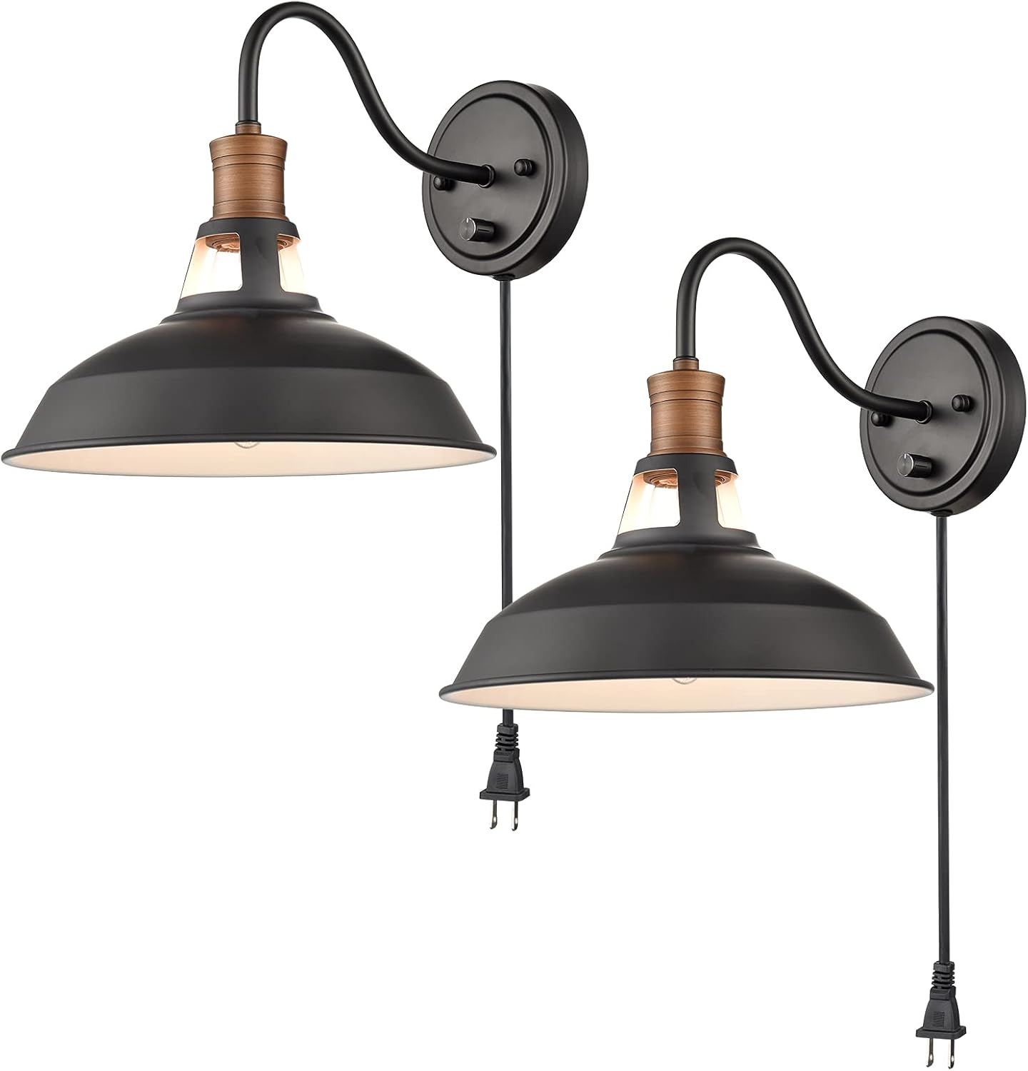 CLAXY Farmhouse Wall Sconces Matte Black Plug in Hardwired Wall Light Gooseneck Bedroom Wall Lihgts On/Off Switch Reading Light 2 Set