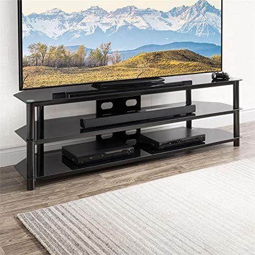 CorLiving Glass and Black Metal TV Bench with Open Shelves - for TVs up to 85