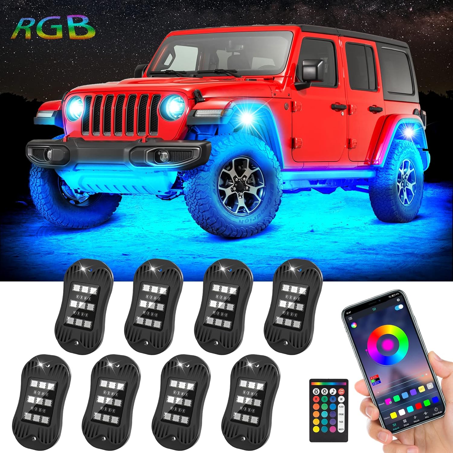 RGB Led Rock Lights for Trucks Exterior, Neon Lights Underglow Kit for Trucks Cars 8 Pods，with App/RF Remote Control, Car Wheel Well Lights for ATV RZR Utv SUV Offroad，Waterproof, DC 12V Pack of 2