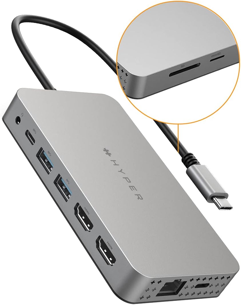 HyperDrive 4K Dual HDMI USB C Hub M1 MacBook 10in1: Dual 4K HDMI, Gigabit Ethernet, USB-A, USB-C, USB-C 100W Power Delivery, MicroSD/SD, Headphone Jack for MacBook Pro/Air(M1), Windows PC, Chromebook