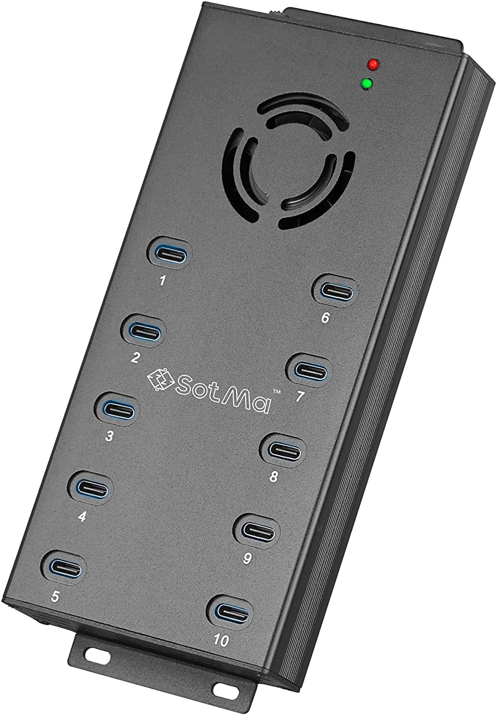 SotMa 10 Port USB C 2.0 Hub - USB Type C Hub Charger - Multi-Port USB-C Hub - Powered USB C Expander for Mining - USB C Charging Splitter with 12V 10A Power Adapter, LEDs, Mounting Bracket - Black