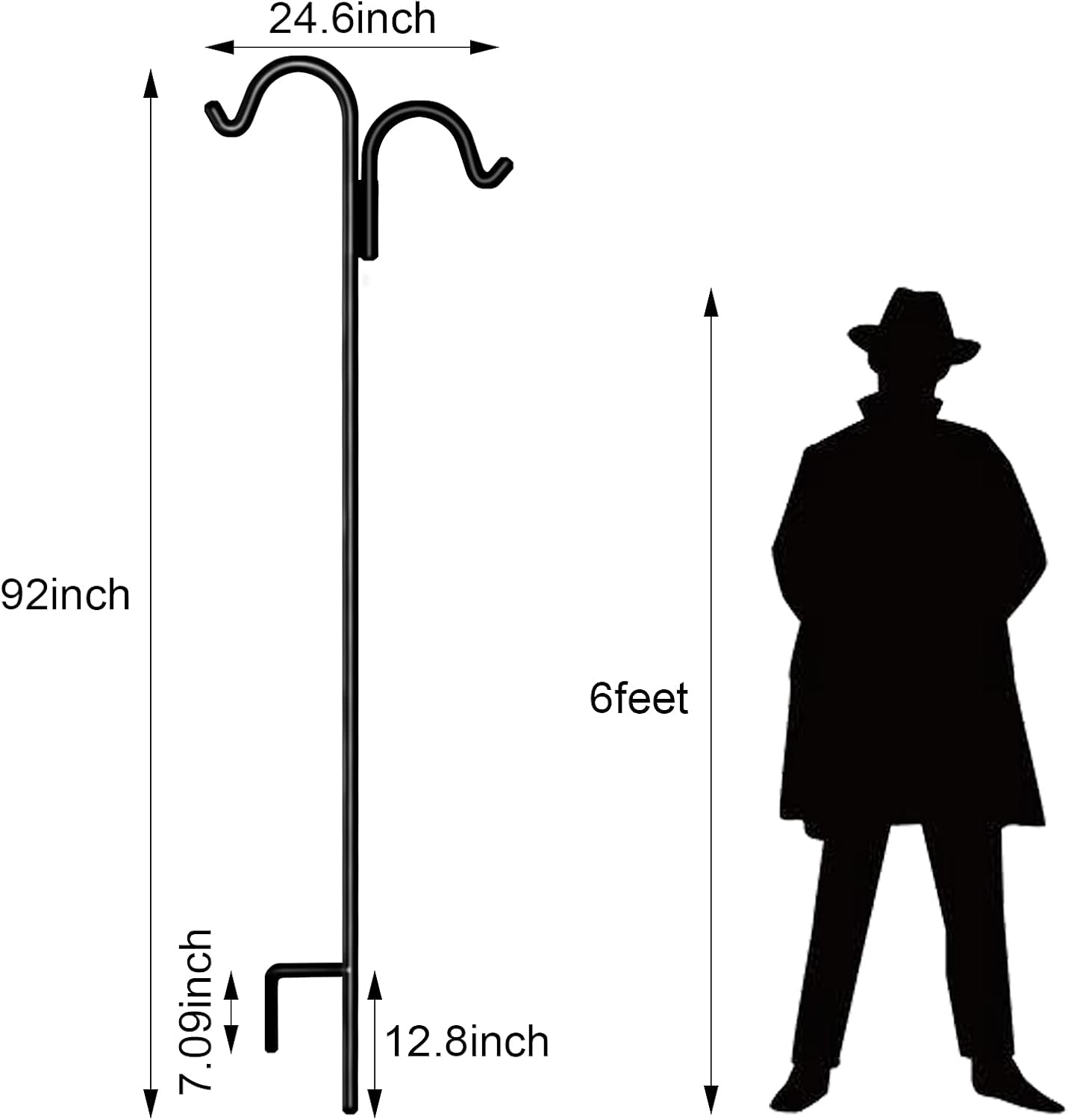 FEED GARDEN 92 Inch Two Sided Shepherds Hook, 3/5 Inch Thick, 2 Pack Solid Shepherd Hook for Hanging Christmas Gifts, Plant Baskets, Bird Feeders and Lanterns, Black Pack of 2
