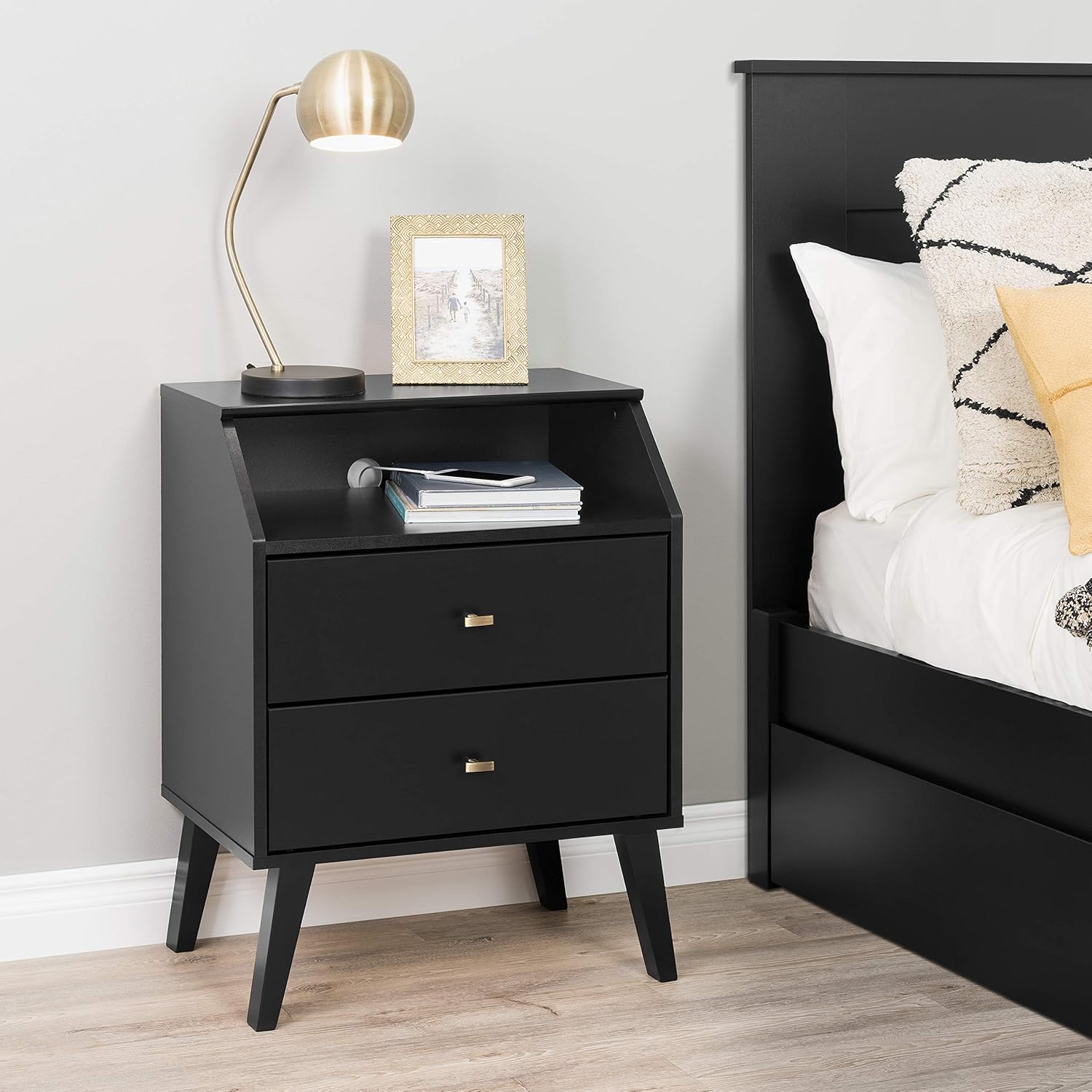 Prepac Milo Mid Century Modern Night Stand with Angled Top, 2-Drawer, Black