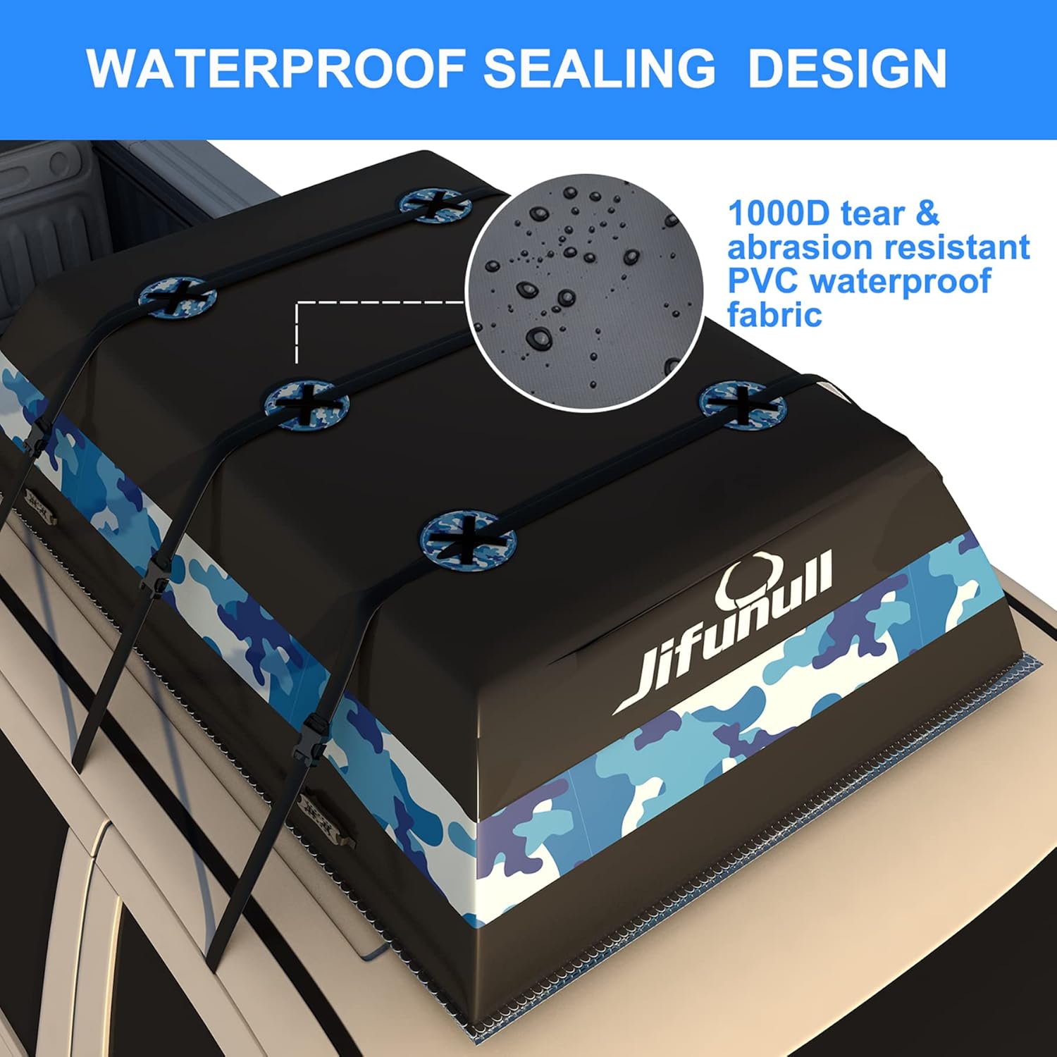 Jifunull Rooftop Cargo Carrier Bag 21 Cubic Feet, Waterproof Soft-Shell Roof Rack Cargo Carrier, 1000D PVC Anti-Tear Car Roof Bag for Vehicle with/Without Racks, Includes 7 Door Hooks, Anti-Slip Mat