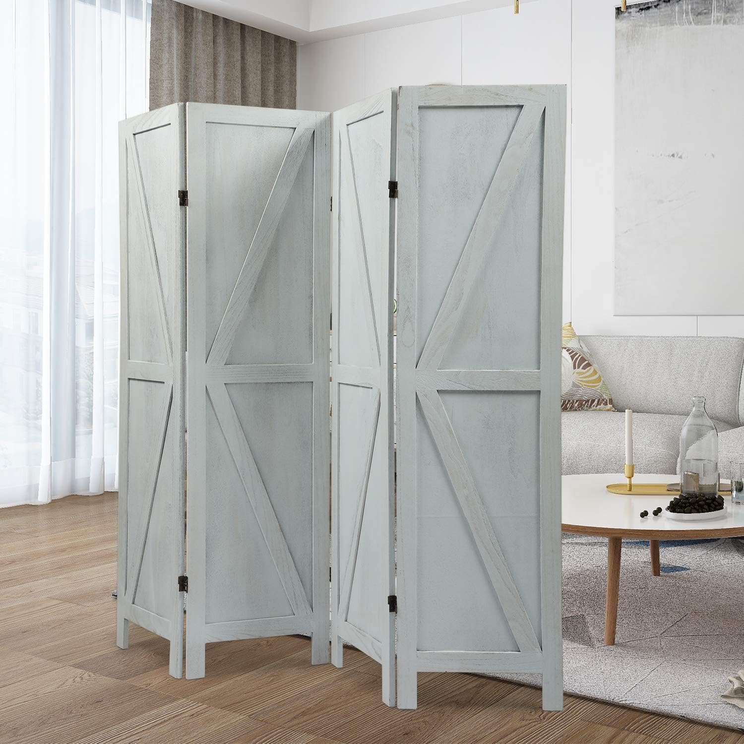 JAXSUNNY 4 Panel Wood Privacy Room Divider Upscale Sycamore Solid Folding Wall Room Divider Screens Partial Partition for Room Division ,deep Burnt Aged White