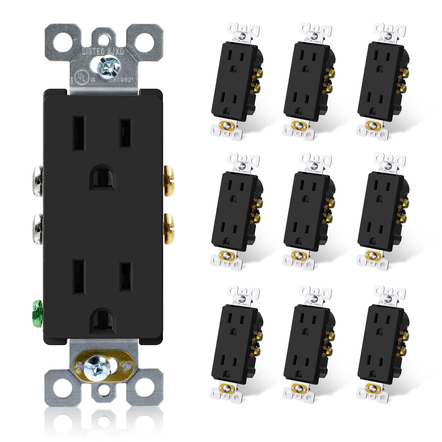 ELEGRP Matte Black Decorator Receptacle, 15A 125V Standard Electrical Wall Outlet, 2 Pole 3 Wire, Non- Tamper Resistant, NEMA 5-15R, Self-Grounding Residential Grade Outlet, UL Listed, 10 Pack