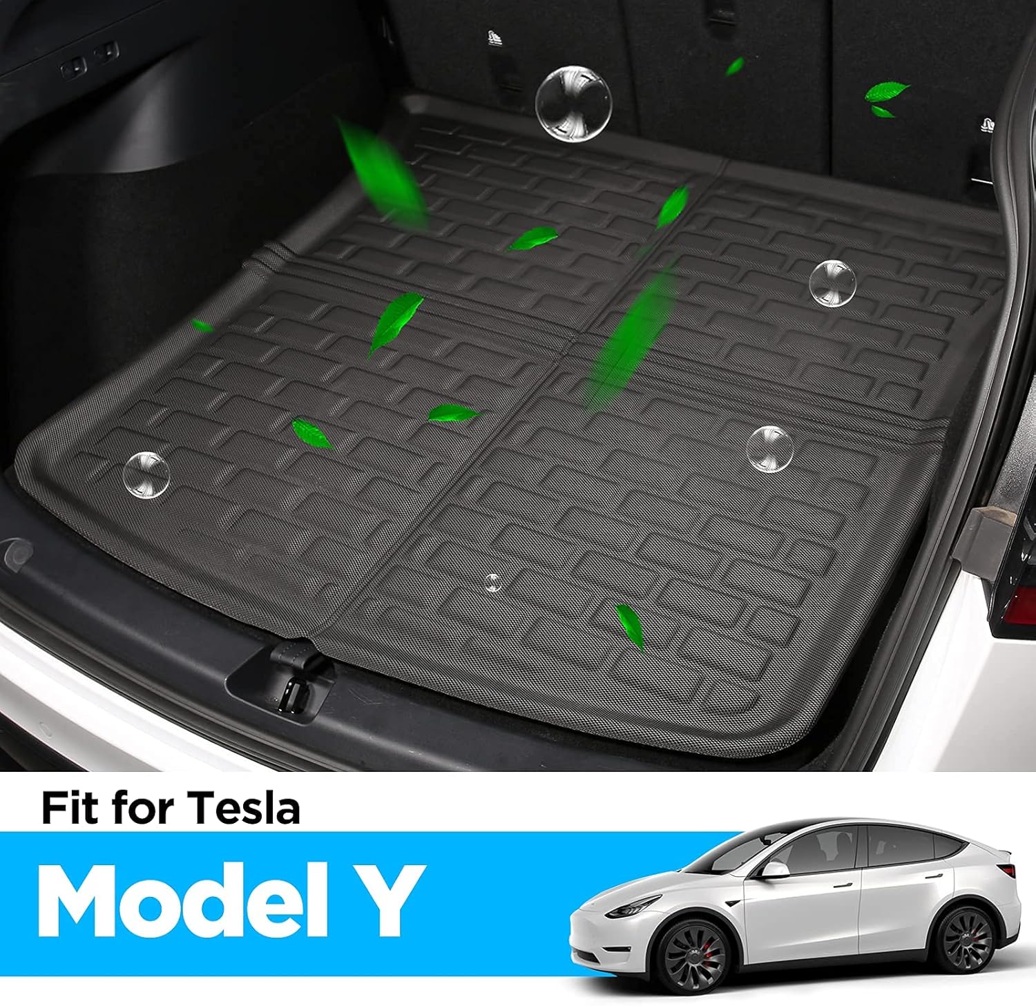 Carwiner Rear Trunk mats for Tesla Model Y Accessories All-Weather Waterproof Rear Cargo Liner 2020-2022 Pack of 2
