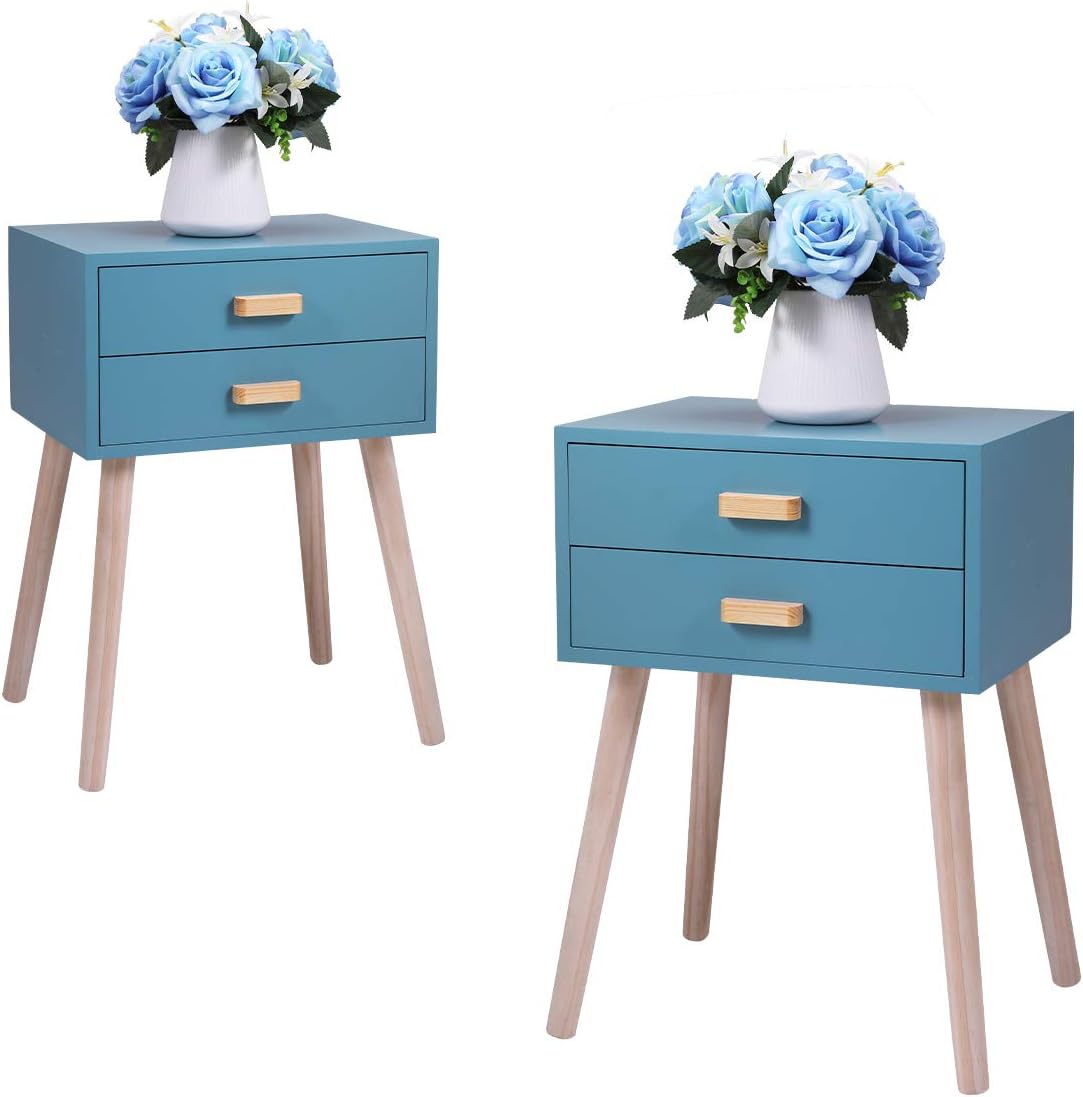 JAXPETY Set of 2 Nightstand 2 Drawers Wood Bedside End Table Storage Cabinet, Mid-Century Modern Style for Bedroom Living Room Office 24.8&rdquo;H Accent Side Table (Light Blue)