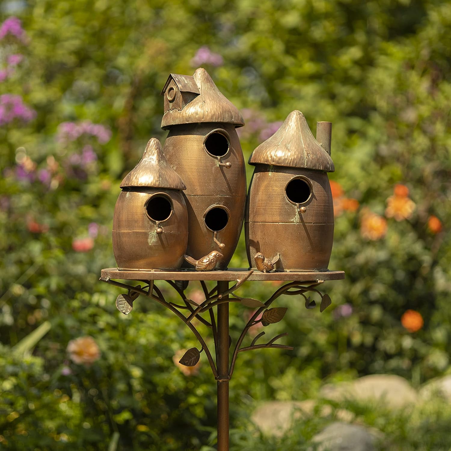 Zaer Ltd. Large Copper Colored Multi-Birdhouse Stakes, Room for 4 Bird Families in Each (Chubby Mushroom Homes (Copper Color))