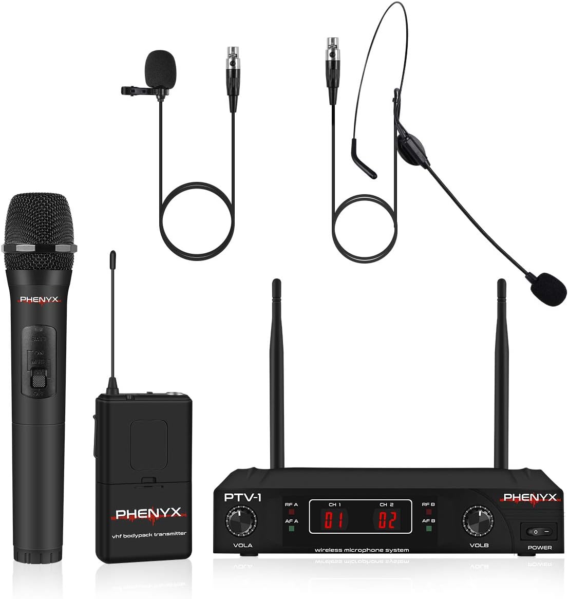 Wireless Microphone System, Phenyx Pro VHF Cordless Mic Set with 1 Handheld+1 Headset+1 Lapel+1 Bodypack, Stable Signal, Long Range, Best for Presentation, Interview, Church, Wedding,Events (PTV-1B) Pack of 2