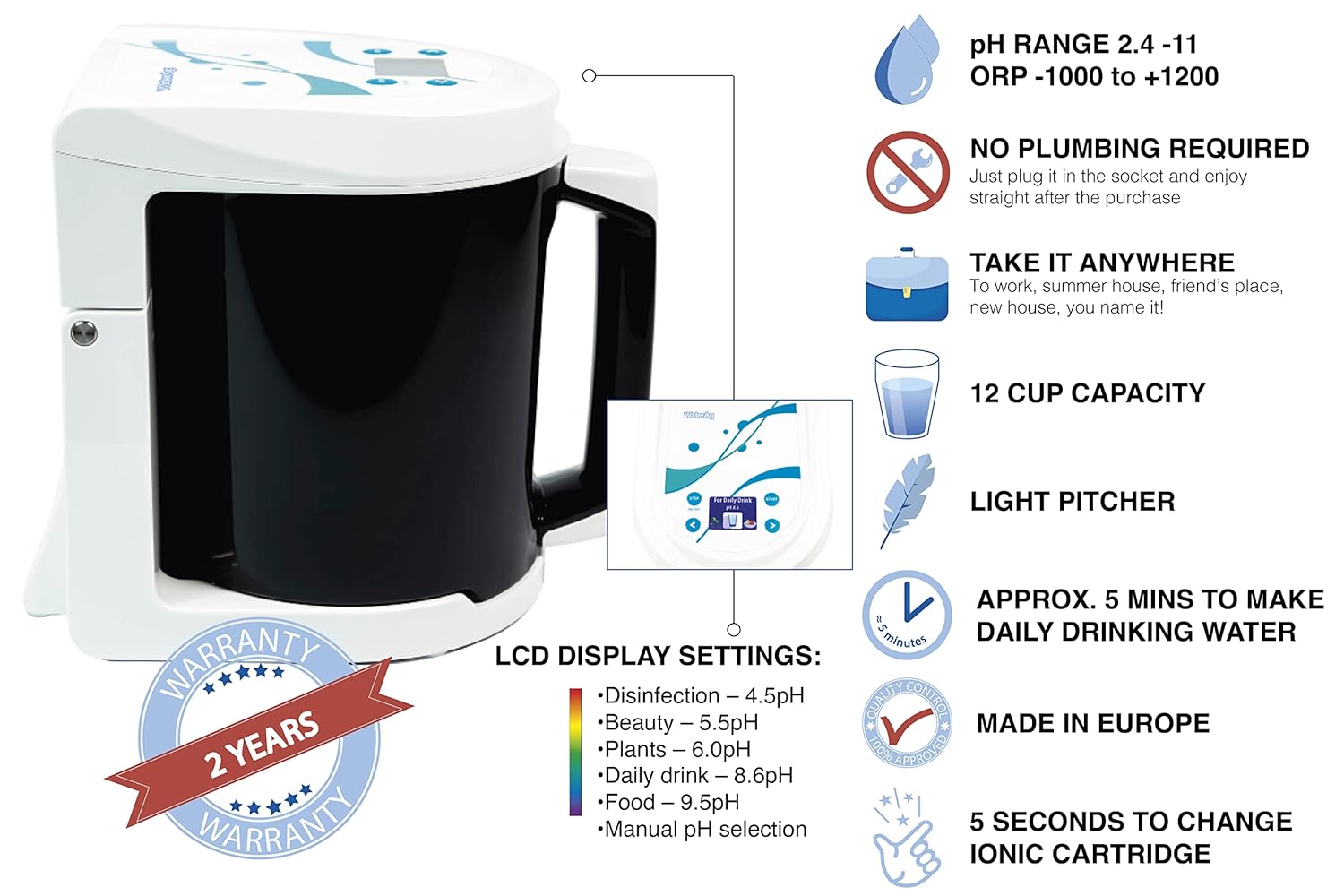 WaterAg | 3 in 1 Water Ionizer | Alkaline Water Machine | Colloidal Silver Generator Kit | Alkaline Pitcher: PH 2.4-11, up to -1000mV ORP | Silver: 0-20 PPM, Silver Rods 9999 Pure | Acidic Water