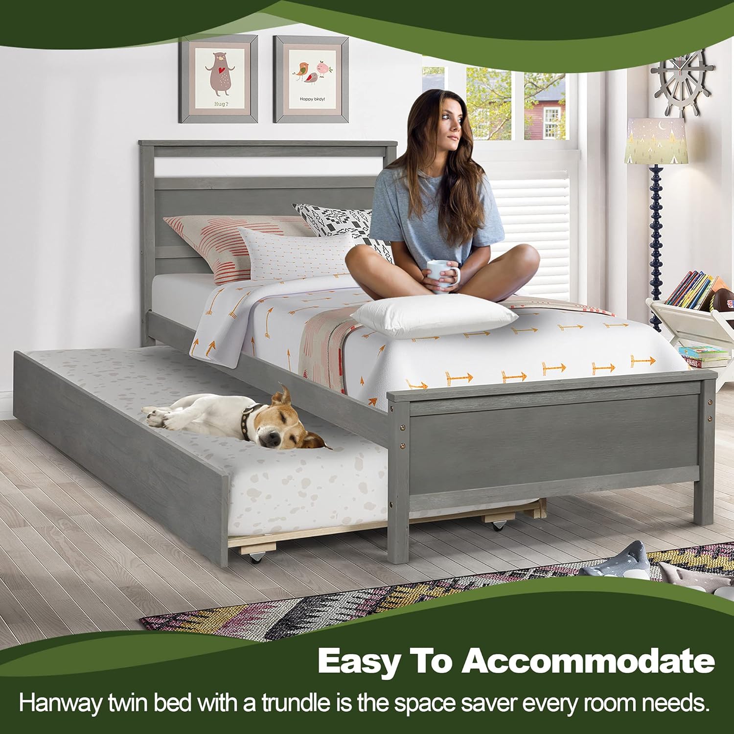 Hanway Twin Daybed with Trundle &ndash; Exquisite Pine Wood Craftsmanship Bed Frame &ndash; American Country Style with Vintage Distressed Surface Pull Out Bed &ndash; Ideal for Guest or Family Reunion