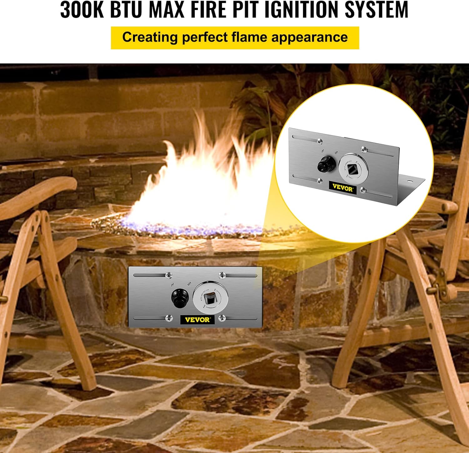 VEVOR Fire Pit Gas Burner Spark Ignition Kit, 300K BTU Fire Pit Ignition System, Stainless Steel Fire Pit Igniter, with 1/2'' Key Valve with Key and Leads & Ground Wire Black Retractable