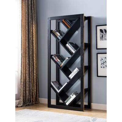 Modern Contemporary Stylish Home Office Utility Slanted Bookshelf Display Black and Gold Trim Latitude Run
