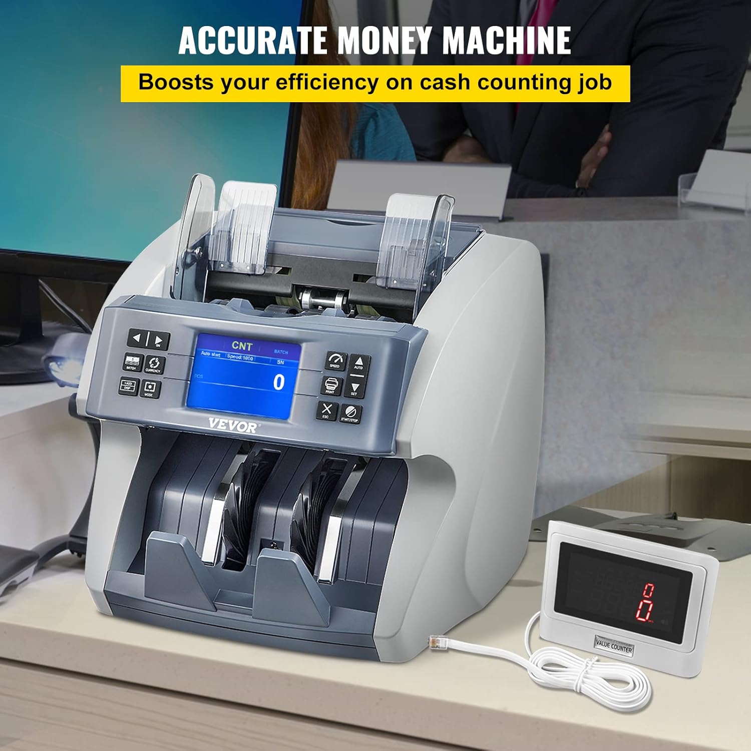 VEVOR Money Counter Machine, Mixed Denominations, 2CIS, UV, MG, MT, IR, DB Counterfeit Detections with Multiple Working Models, 800/1000/1200/1500pcs/min Note Counting Machine with External Display