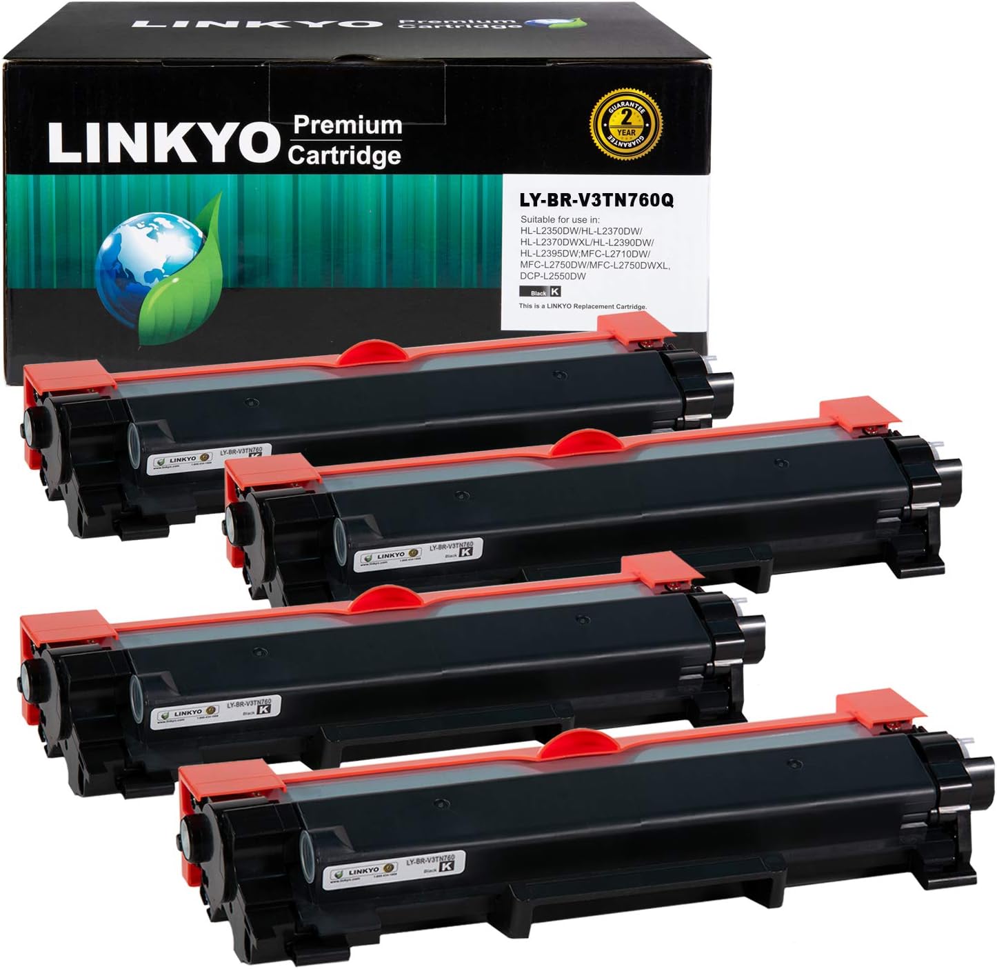 LINKYO Compatible Toner Cartridge Replacement for Brother TN760 TN730 TN-760 (4-Pack, High Yield, Design V3) Pack of 2