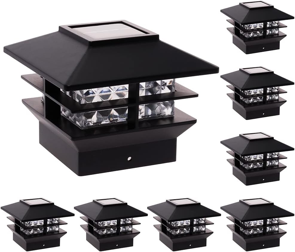 GreenLighting Executive Two Tier 12 Solar Post Cap Lights - LED Fence Solar Post Lights Outdoor Waterproof - Solar Deck Post Lights Solar Powered 4x4 Post Caps (Black, 4 Pack)