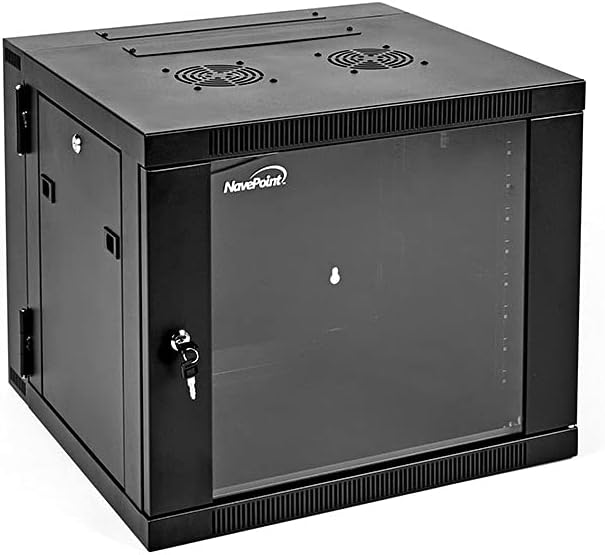 NavePoint 9U Wall-Mount Network Cabinet Enclosure, 550mm Depth, Hinged Back, Swing Gate Server Cabinet, Locks, Pre-Assembled, Reversible Glass Front Door, 2 x L Brackets, 2 Fans, Cable Management