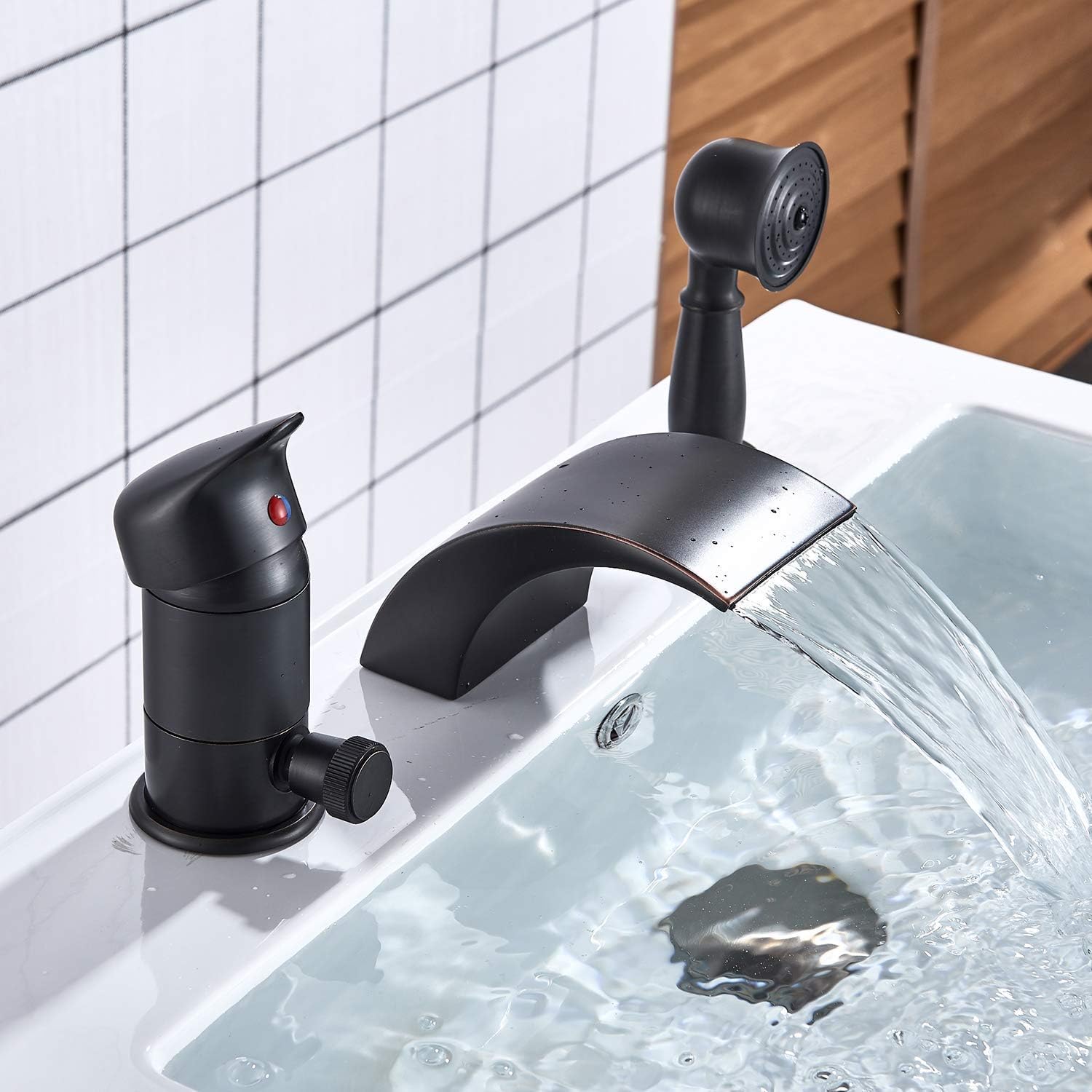Senlesen Matte Black Deck Mounted Contemporary 3-Hole Waterfall Roman Tub Filler Faucet with Hand Shower
