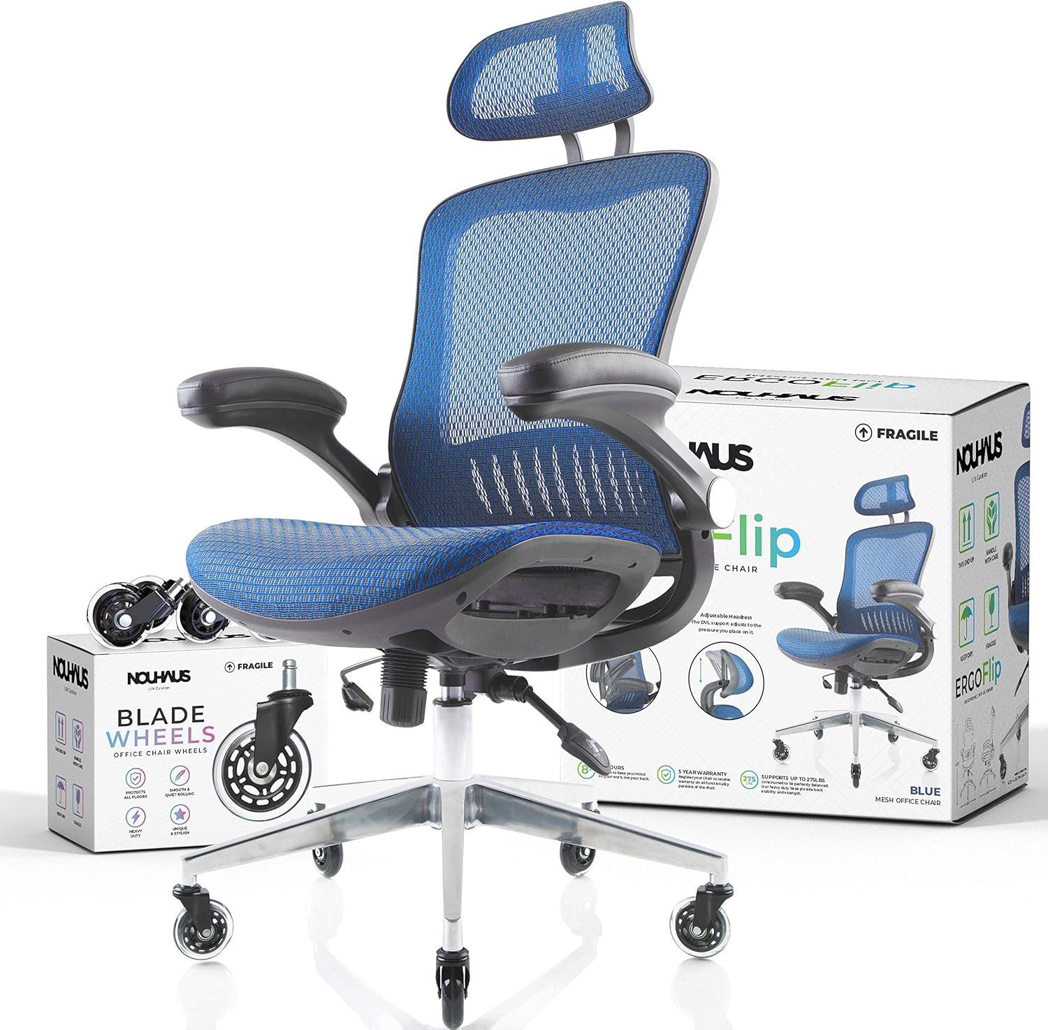 NOUHAUS ErgoFlip Mesh Computer Chair - Grey Rolling Desk Chair with Retractable Armrest and Blade Wheels Ergonomic Office Chair, Gaming Chairs, Executive Swivel Chair/High Spec Base