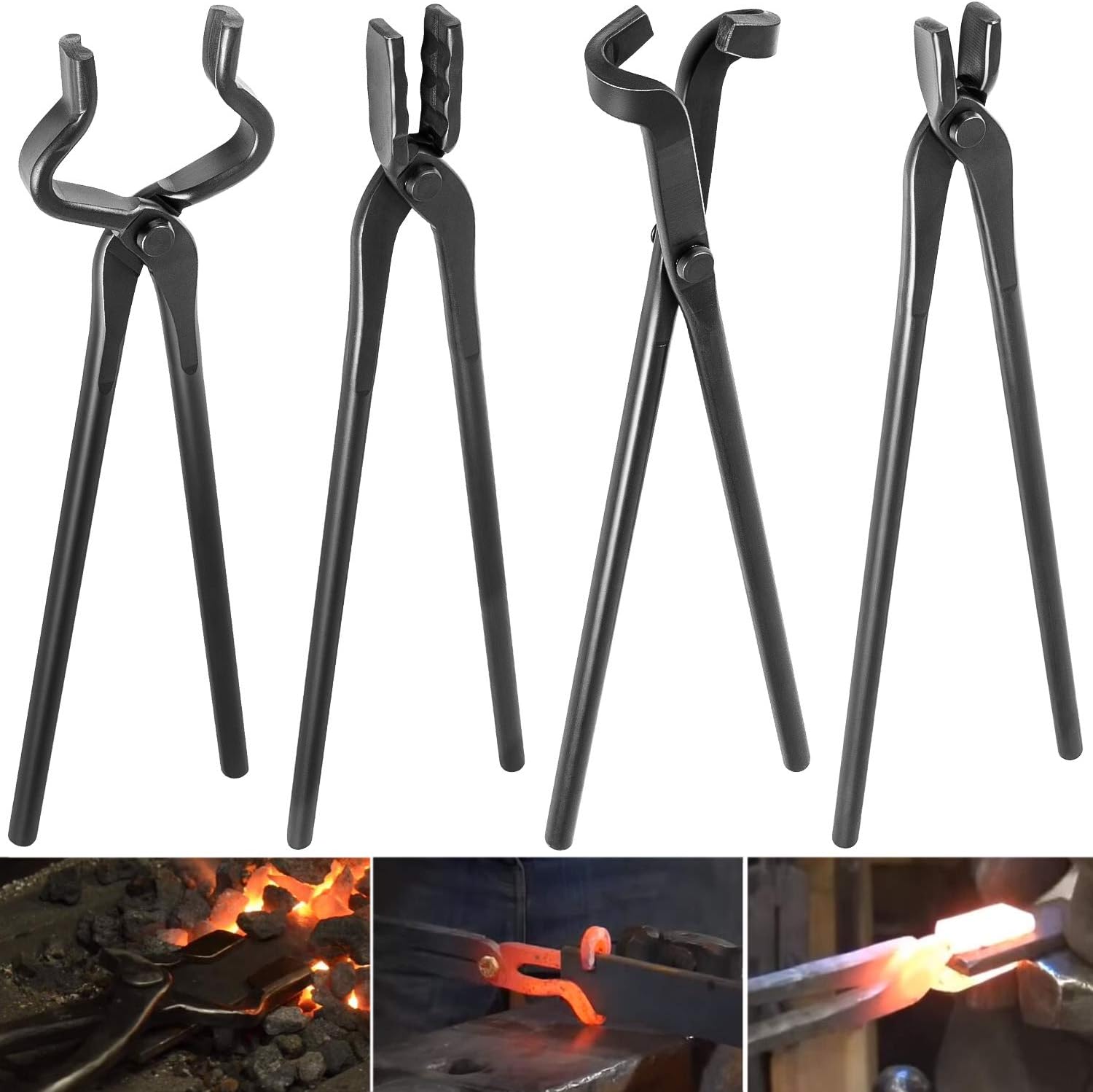 Blacksmith Tongs Tools Set Knife Making Tongs Includes V Bit Tongs, Flat Jaw Tongs, Wolf Jaw Tongs & Blade Tongs (4 Piece)