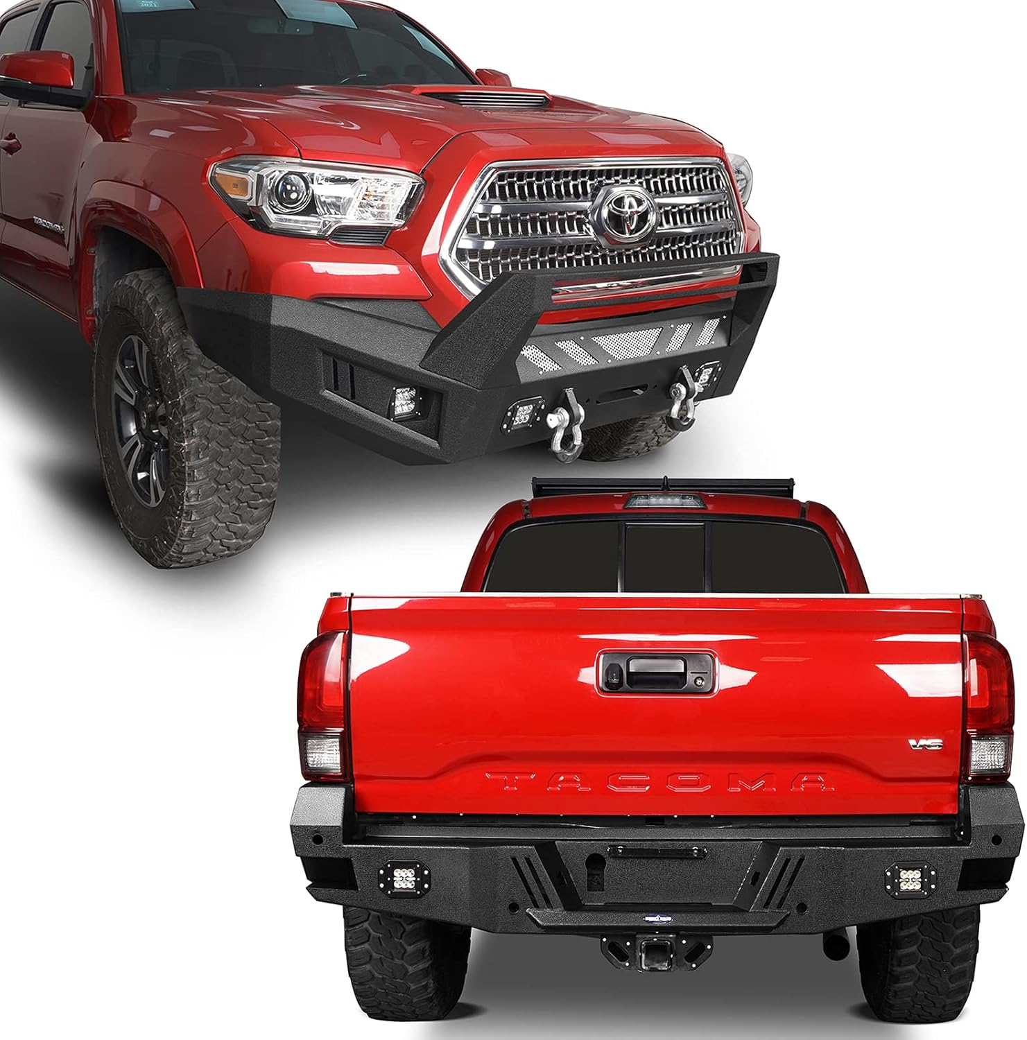 Hooke Road Tacoma Rear Bumper w/Sensor Holes + Full Width Front Bumper for Toyota Tacoma 3rd Gen 2016 2017 2018 2019 2020 2021 2022