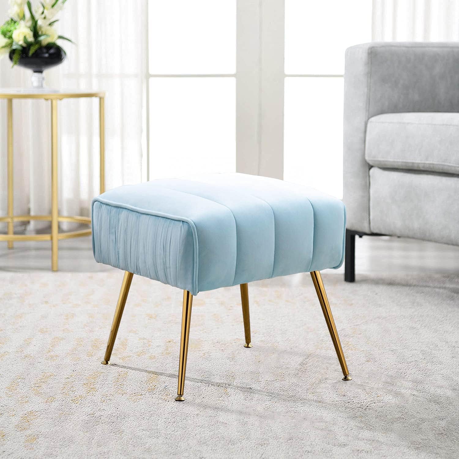 Altrobene Tufted Velvet Ottoman/Foot Stool/Seat with Gold Legs for Living Room Bedroom, Light Blue Pack of 2