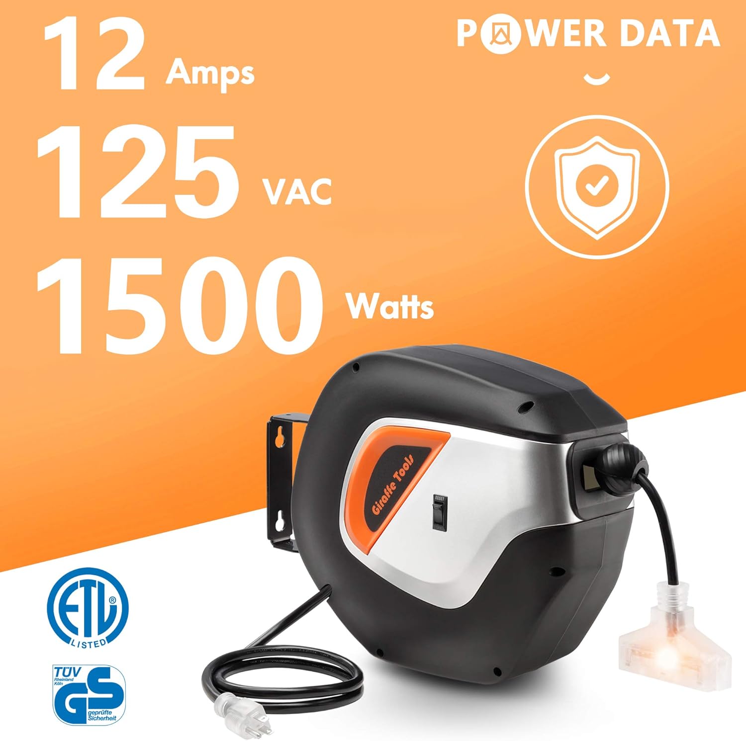Giraffe Retractable Power Cord Reel, 50 FT 12AWG/3C SJT Heavy Duty Extension Cord Storage Reel Wall/Ceiling Mount for Garage with Lighted Triple Tap