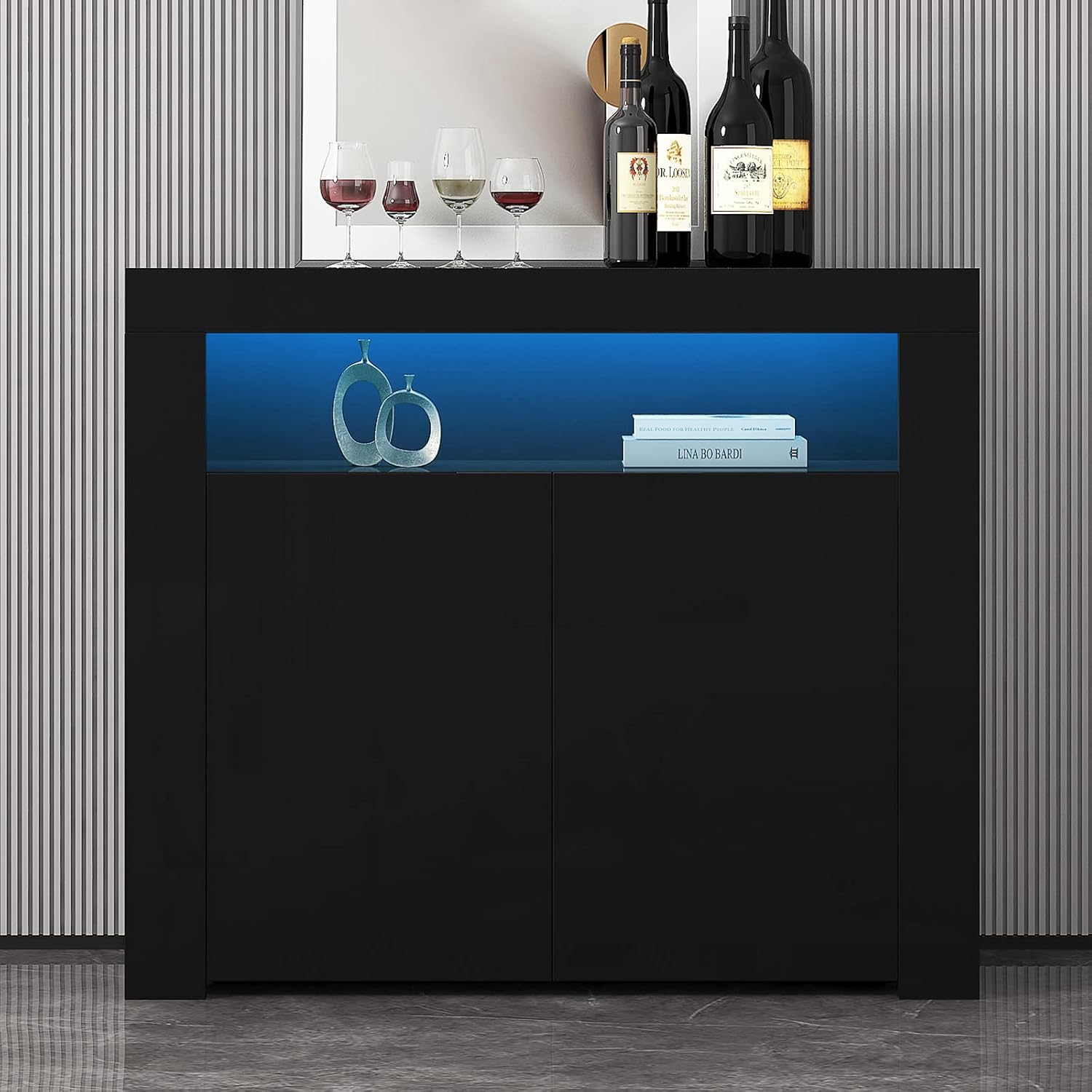 DMAITH Modern High Gloss Sideboards Buffets with Storage Cabinet & Led Lights, 1 Door & 2 Open Shelves, Cupboard for Kitchen and Dining Room, Black (001B)