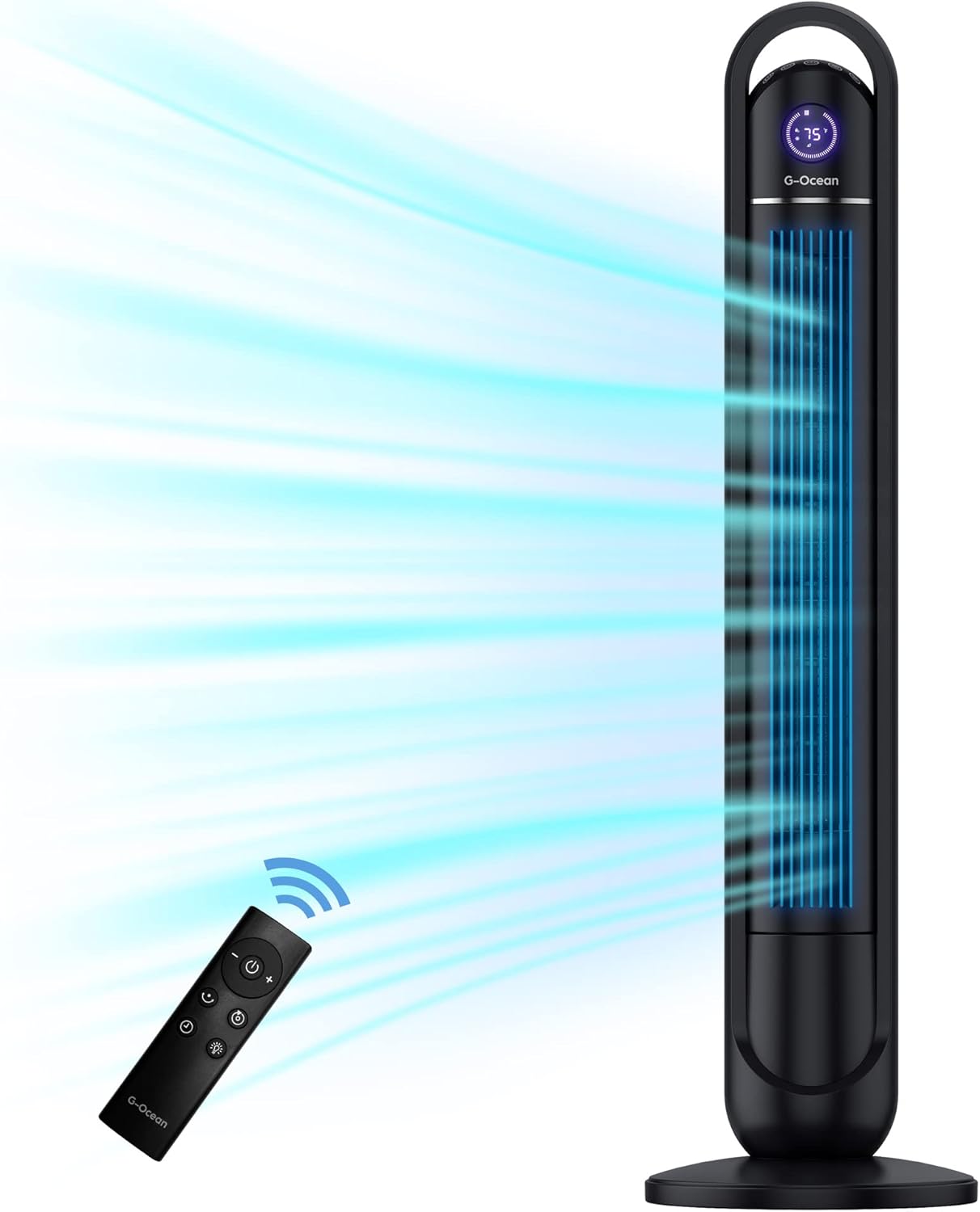 Tower Fan with Remote, G-Ocean 45 Inch Oscillating Fan, Quiet Bladeless Fans with 24H Timer, 3 Speeds, 3 Modes, LED Display, Cooling Standing Floor Fans for Bedroom Living Room Home Office, Meteorolite Black