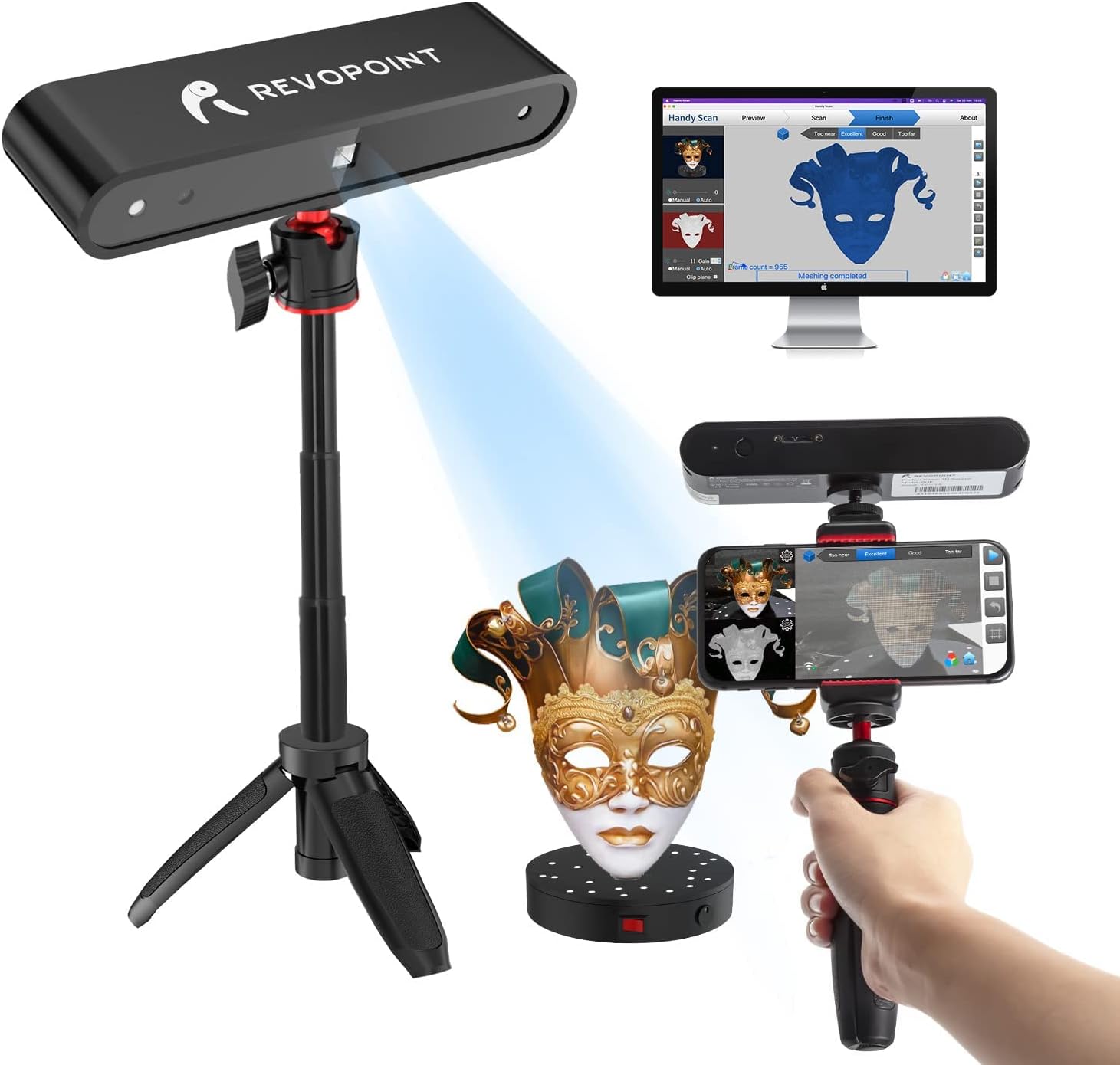 SUNWOW POP 3D Scanner, 0.3mm 8Fps 3D Scanner for 3D Printer with Turntable and Phone Holder for Handheld Fixed Human Face Body Texture Scanning, Support Android, Windows, iOS and Mac OS, A3