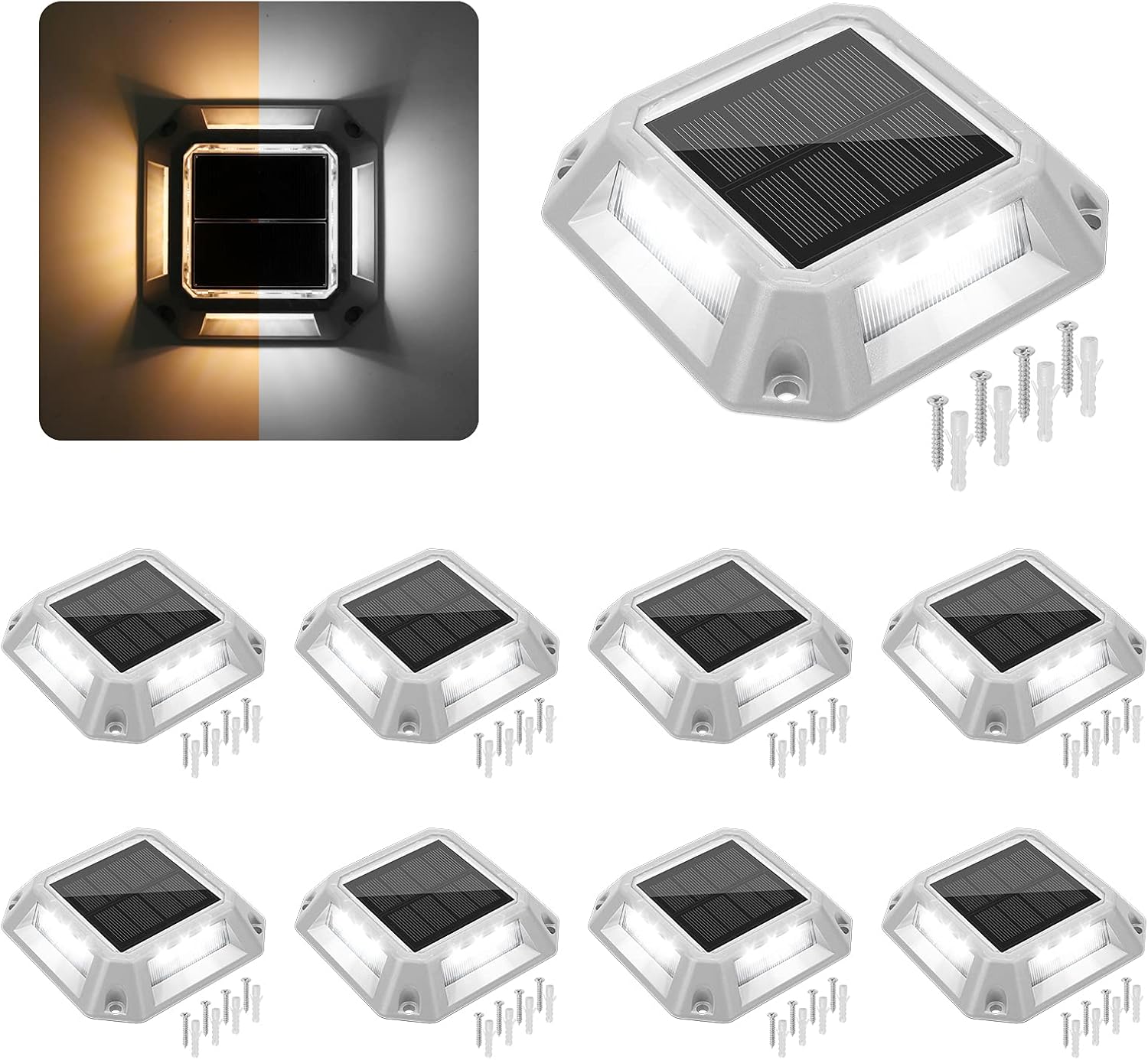 VOLISUN Solar Driveway Lights Dock Deck Lights 8-Pack,2 Colors in 1,Wireless Solar Powered 1200mAh Battery,Waterproof Outdoor Warning Step Lights for Driveway Sidewalk(2 Colors Lighting,White/Blue)