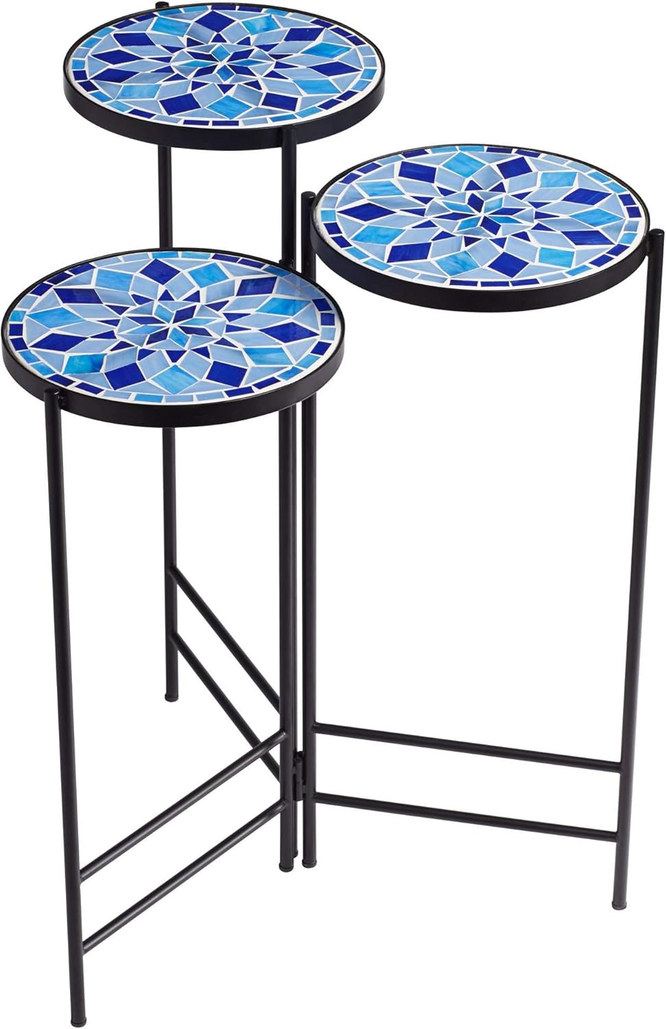 Teal Island Designs Blue Mosaic Black Iron Set of 3 Accent Tables