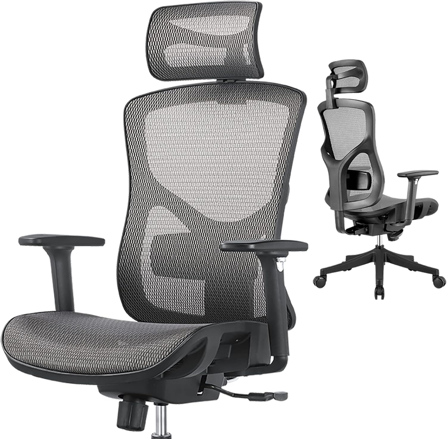ERGOUP Home Office Chair, Adjustable Lumbar Support Chair Executive Mesh Desk Chair with Adjustable Headrest & 3D Armrest, Computer Chair with Tilt Function and PU Wheels (Black, No footrest)