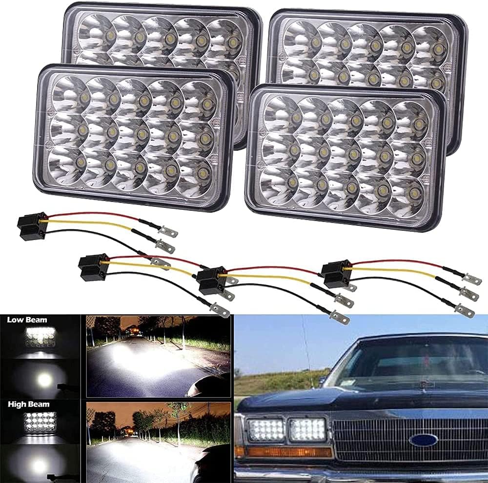 BAOLICY 4x6 Inch LED Headlights Dot Approved High Low Sealed Beam Rectangular LED Headlight with H4 Wiring Harness 4PCS 45W LED Headlamp Replace H4656 H4666 H4651 H4652 H6545 H4668 H4642