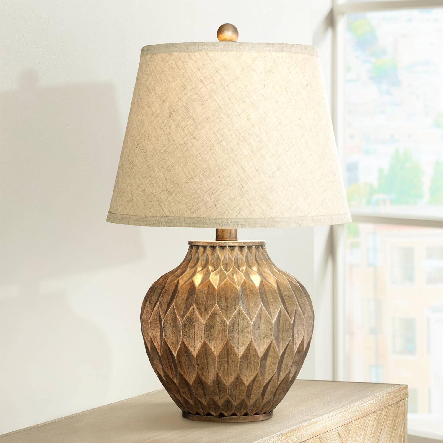 Buckhead Modern Contemporary Accent Table Lamp Warm Bronze Brown Geometric Urn Tapered Drum Shade Decor for Living Room Bedroom House Bedside Nightstand Home Office Family - 360 Lighting