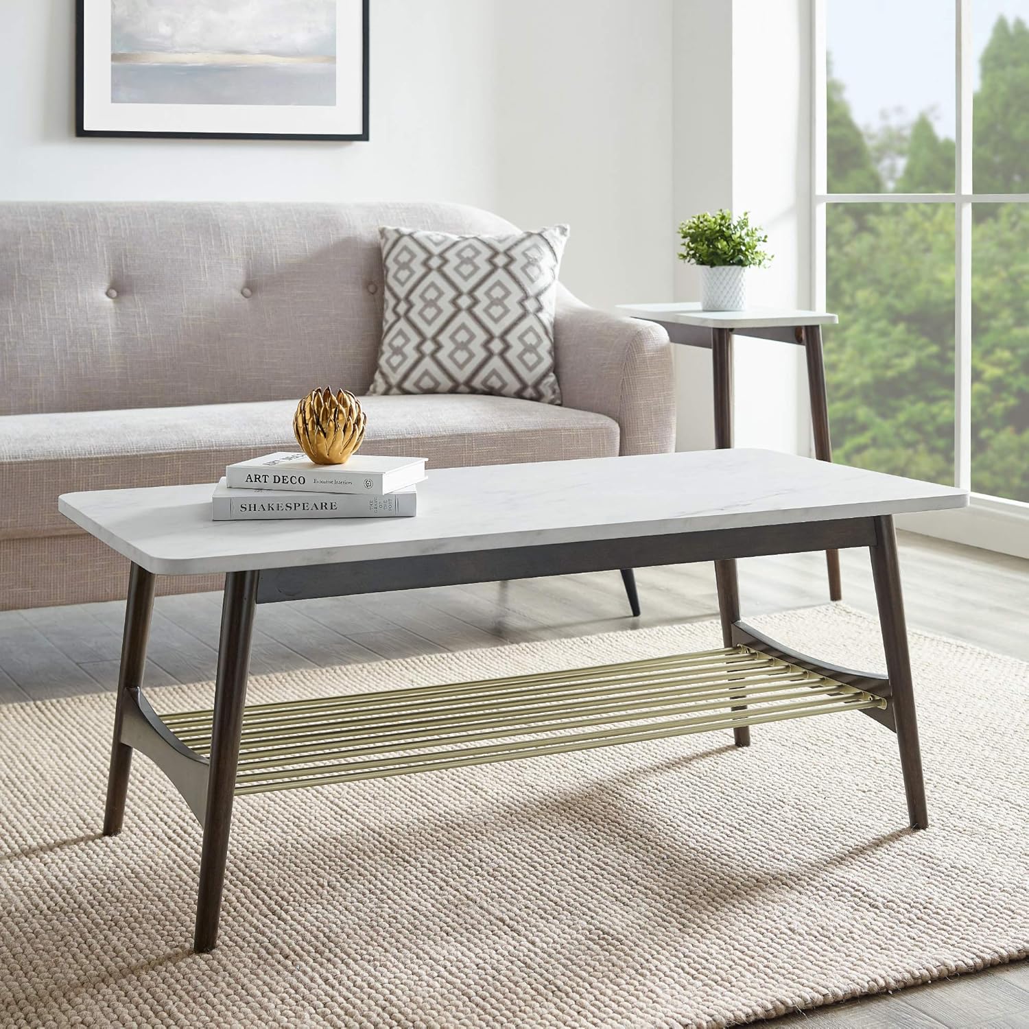 Walker Edison Marble and Wood Base Rectangle Side Table Living Room Small End Accent Table, 24 Inch, Marble and Acorn