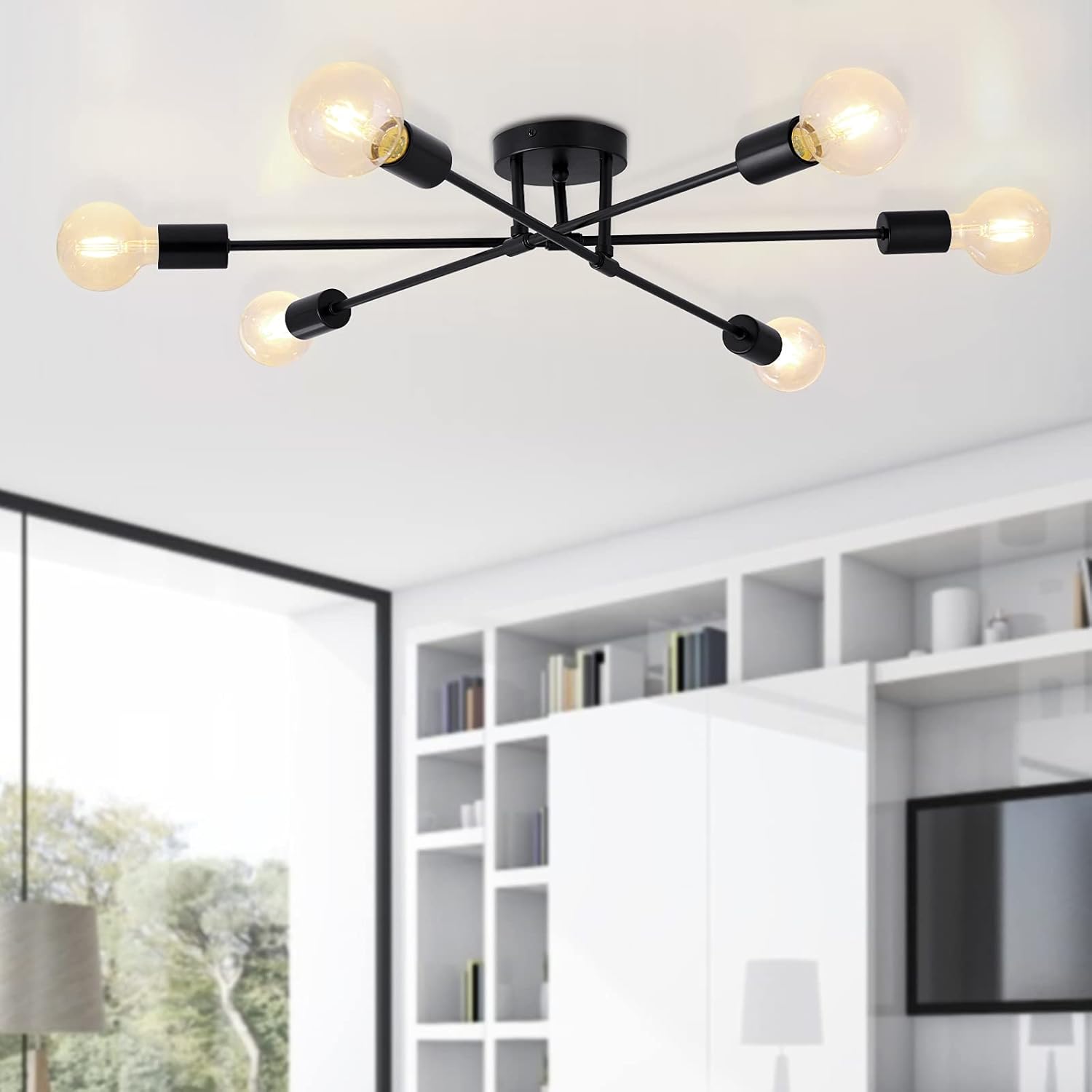 BRKNIT Semi Flush Mount Ceiling Light Fixture, 6-Light Black Farmhouse Sputnik Chandeliers, Modern Kitchen Light Fixtures Ceiling Mount for Bedroom Living Room Corridor（Lengthen & Assembled Easily）