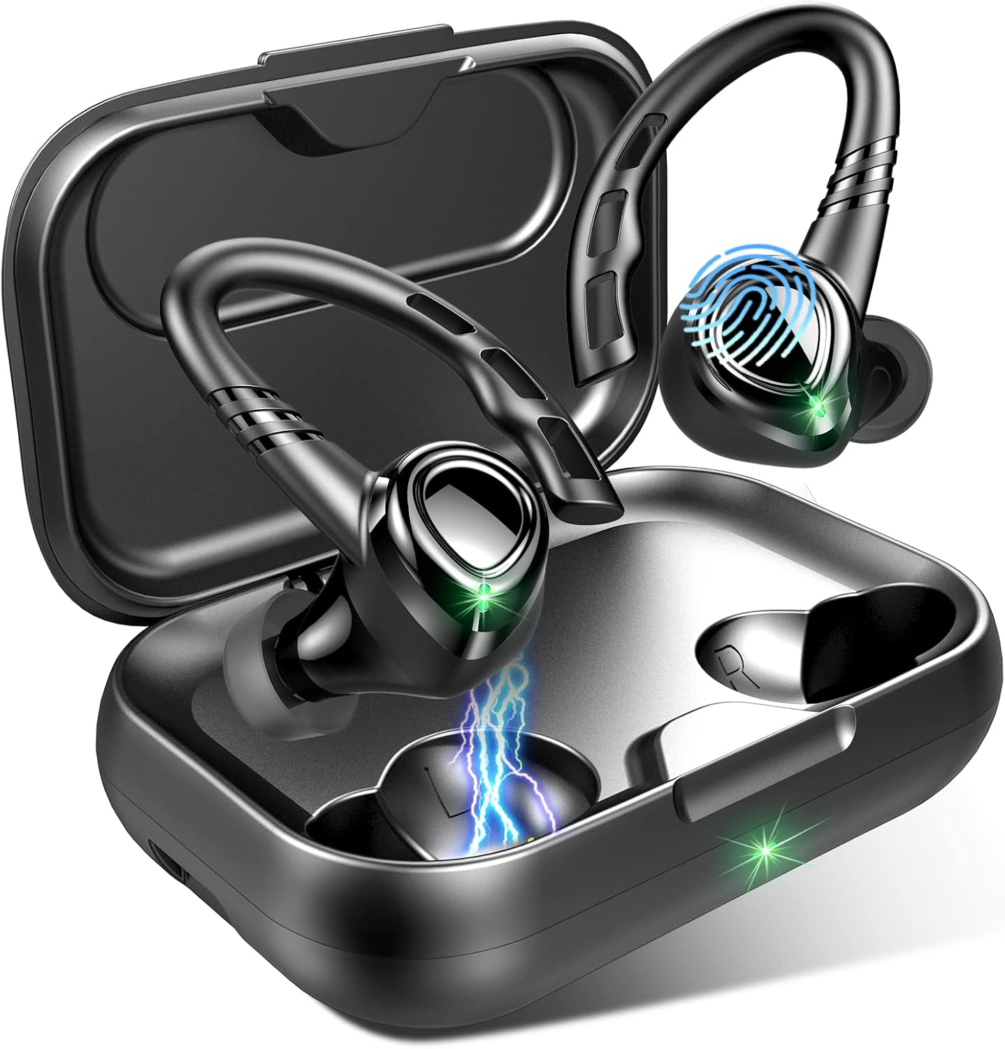 Wireless Earbuds, Bluetooth 5.1 Headphones Sport for Android iOS, Earphones with Earhooks Noise Cancelling Mic in Ear HD Stereo Bass, 35H Playtime IPX7 Waterproof Headset for Workout Running Gym Black Pack of 2